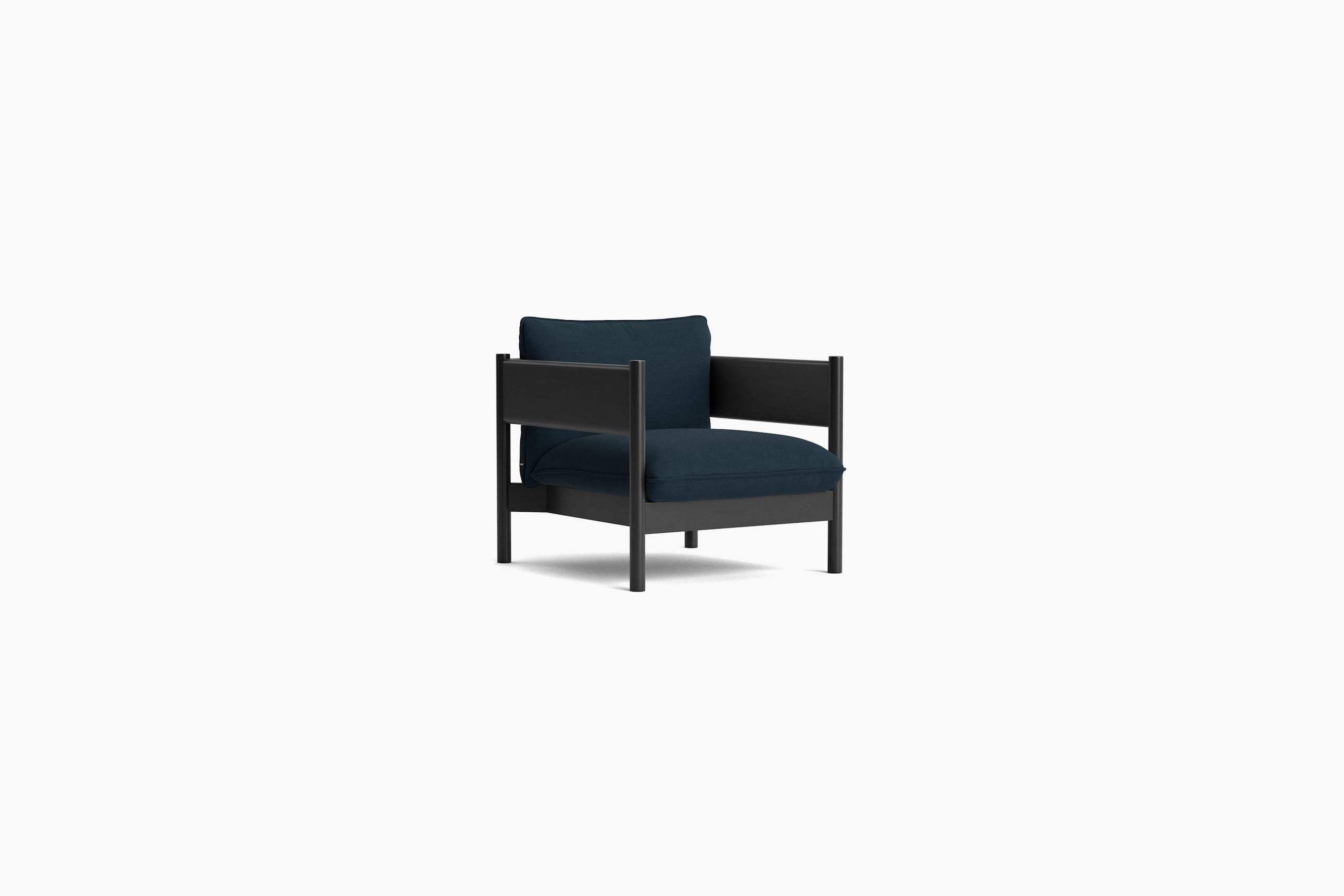 Arbour Club Armchair with black base and dark blue upholstery viewed from an angle