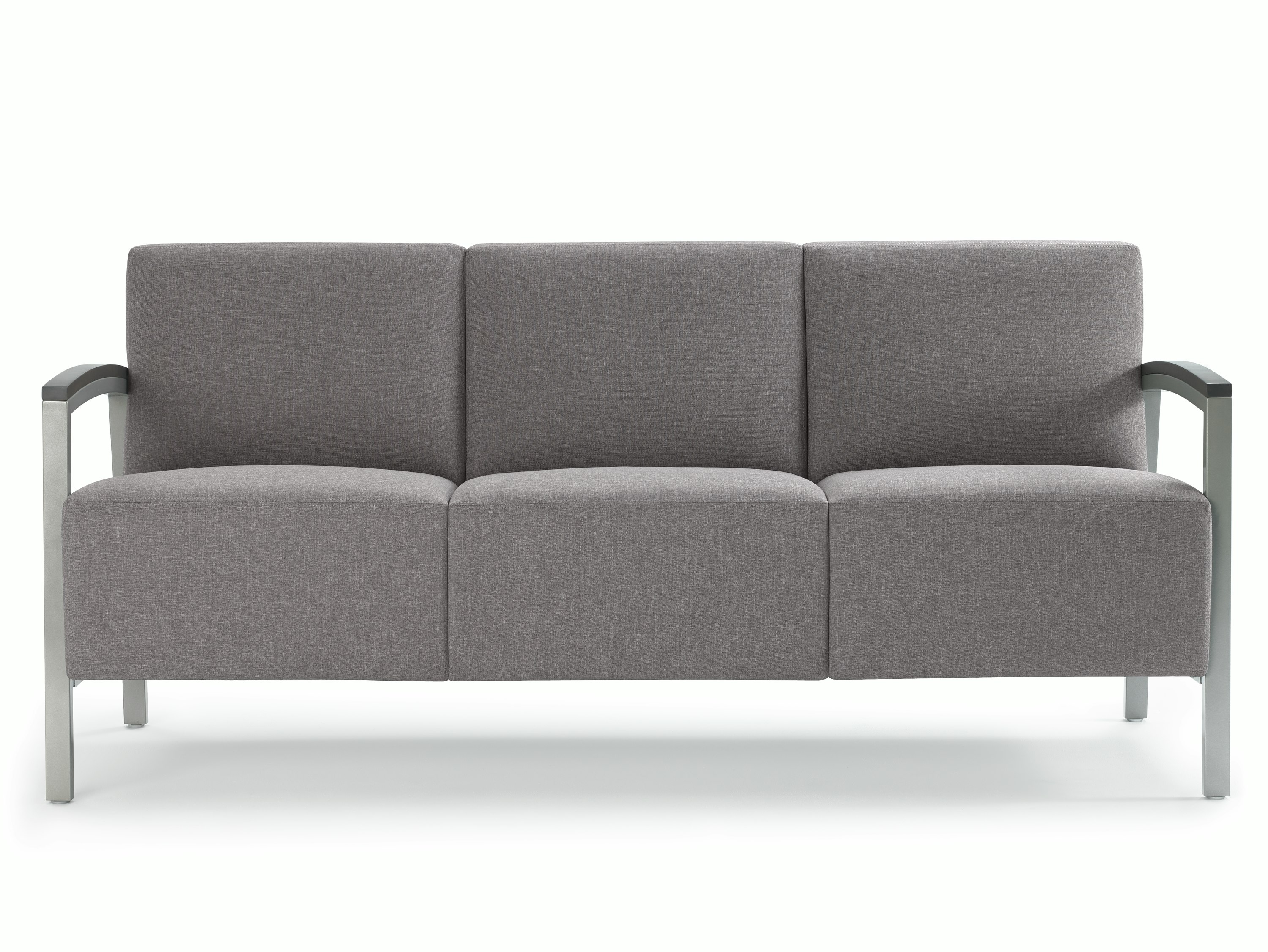 Front view of a gray Brava Modern Lounge Seating three-seat chair with wood arm caps.