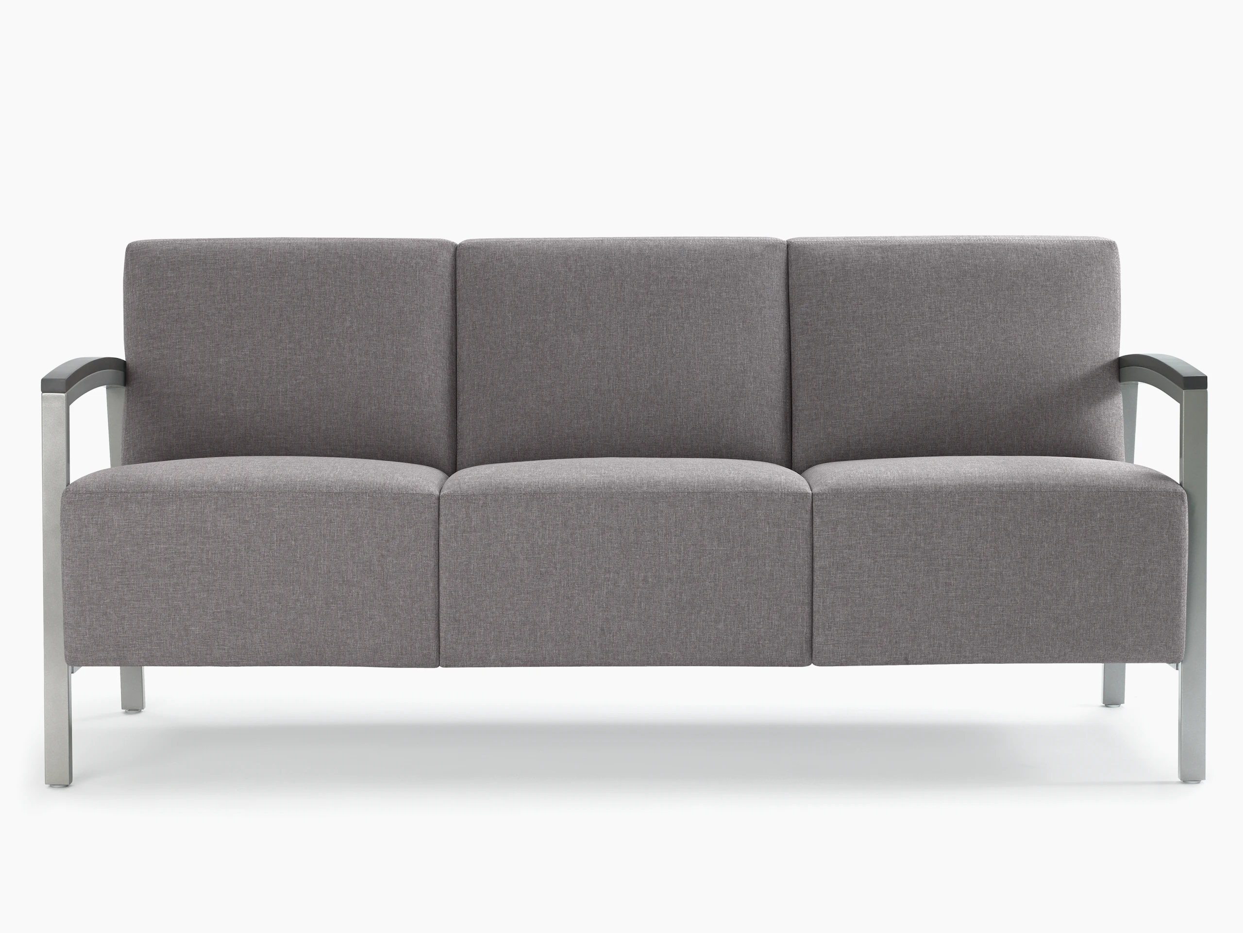 Front view of a gray Brava Modern Lounge Seating three-seat chair with wood arm caps.