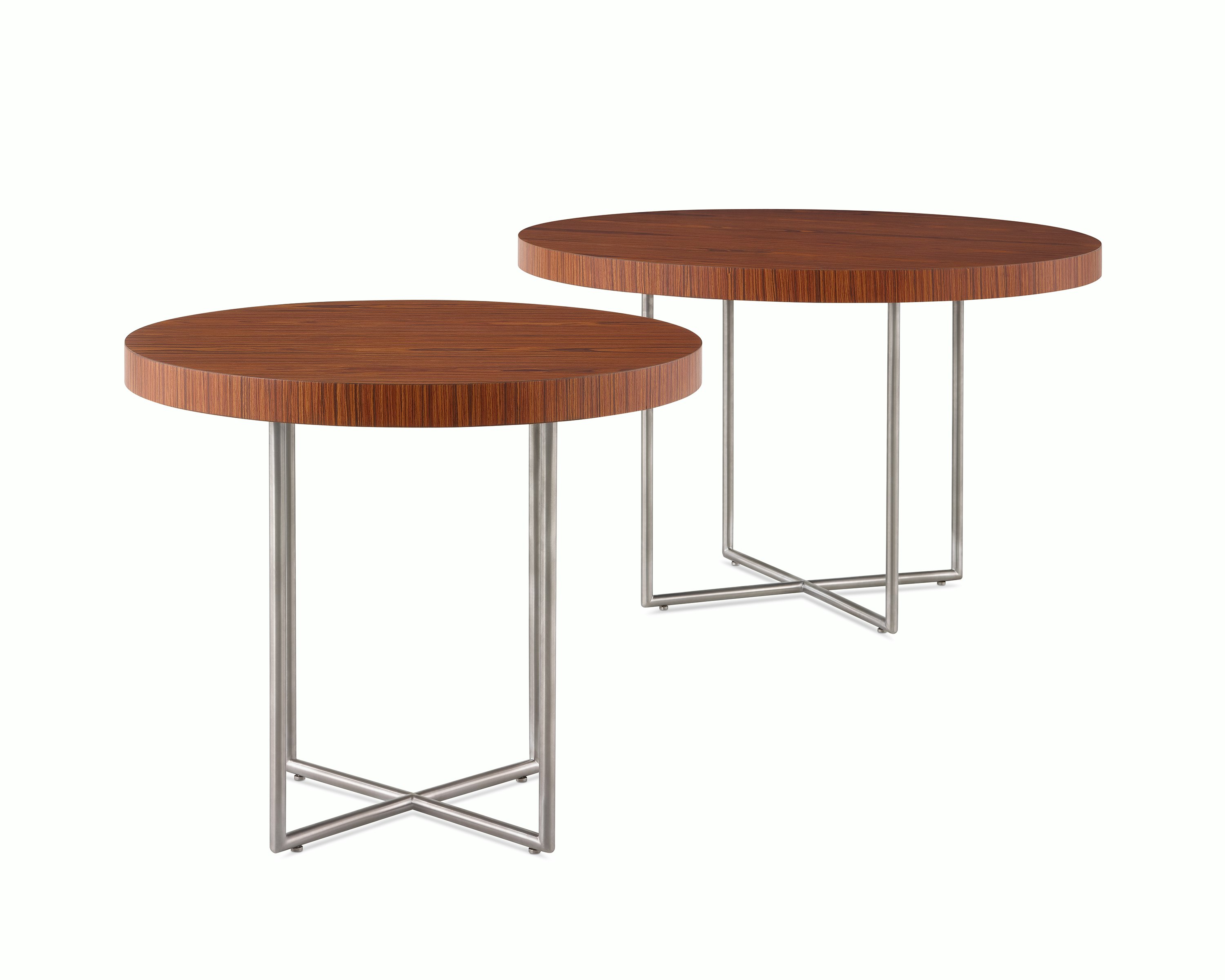 Two Domino Tables with wood tops and metal bases.