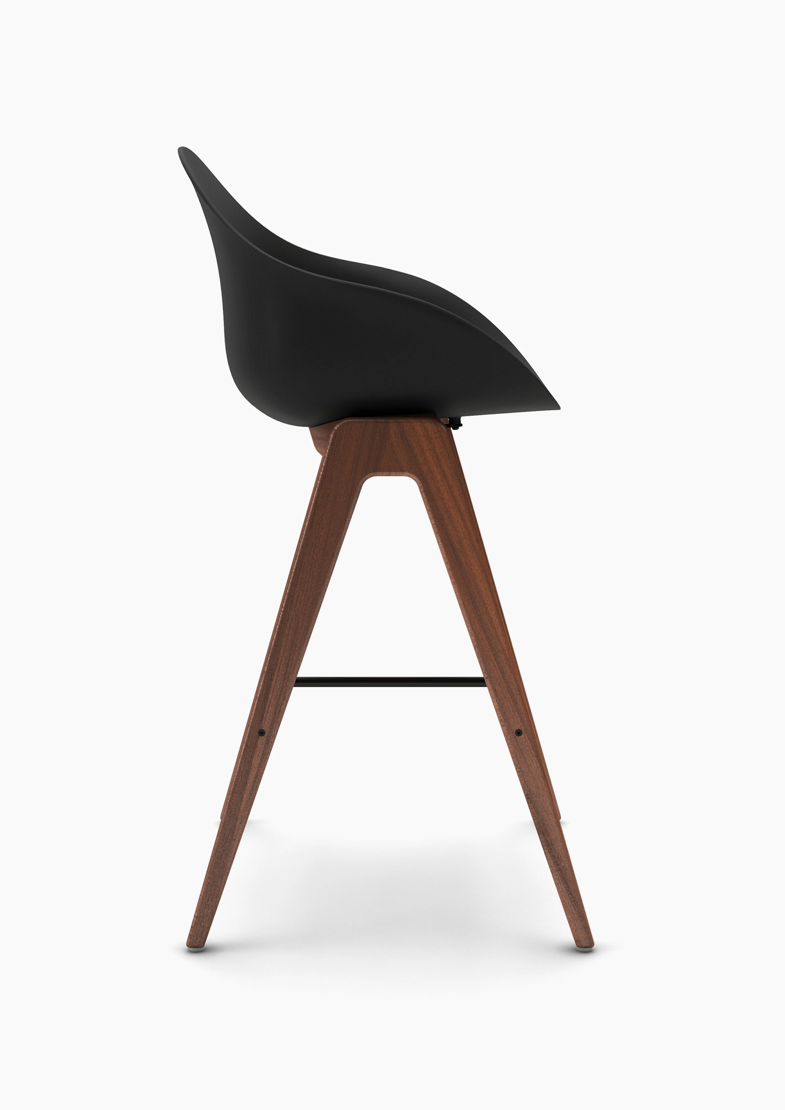 Side view of black Ruby Wood Stool on walnut barstool base.