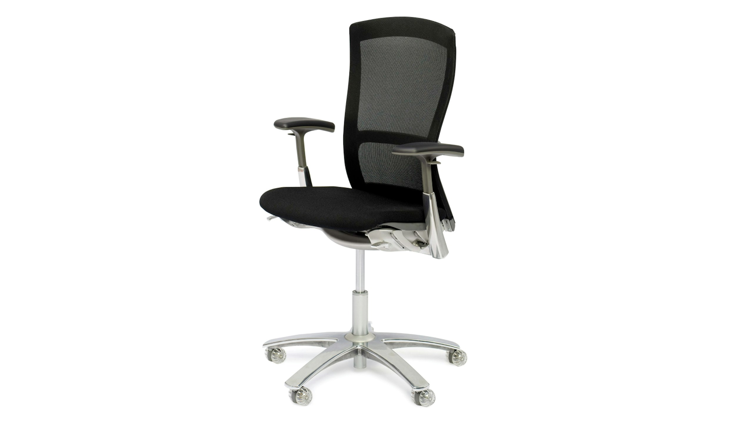 A 3/4 front view of a black Life chair against a white background