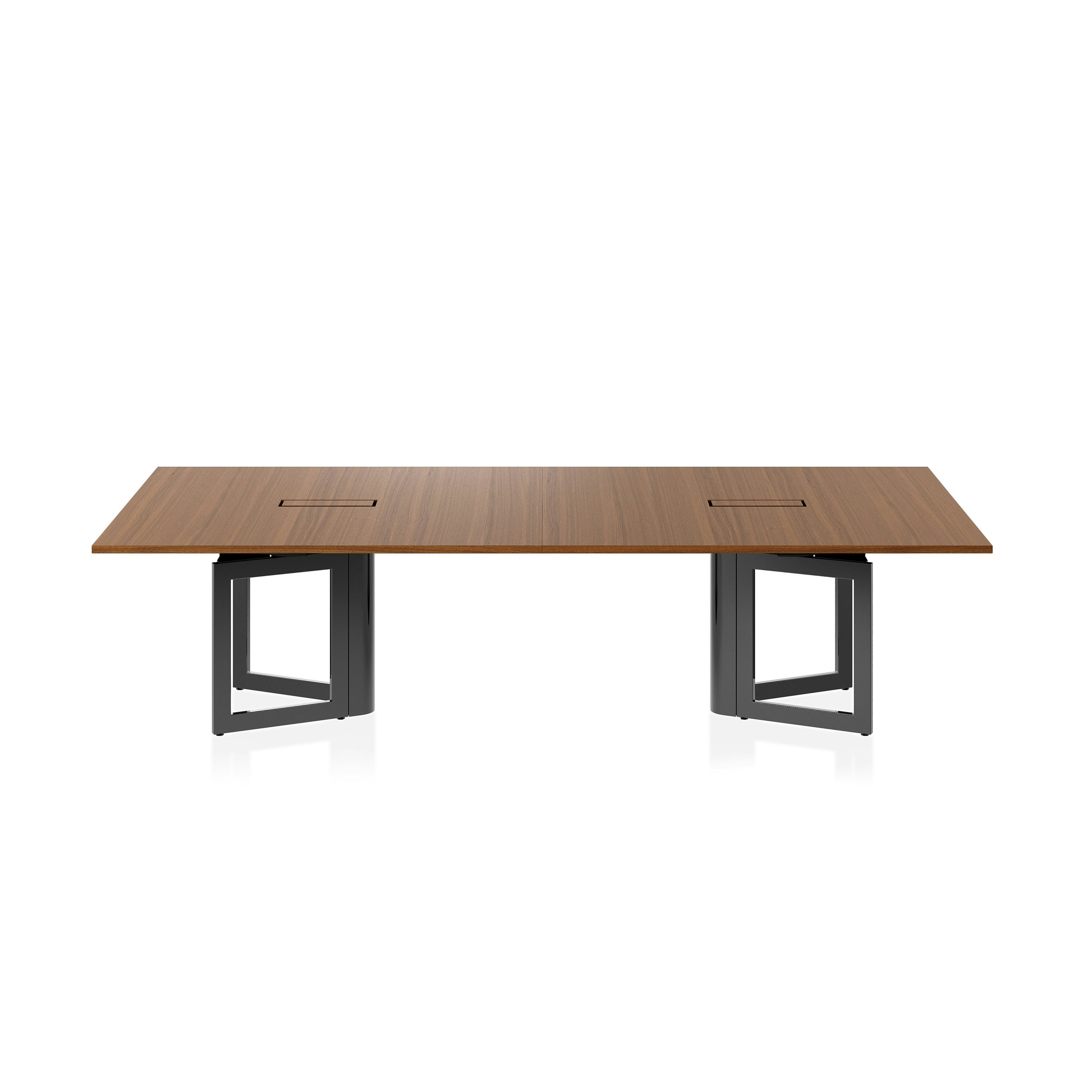 Highline Vector Conference Table in Natural Quarter Cut Walnut with a Jet Black base viewed from the front.