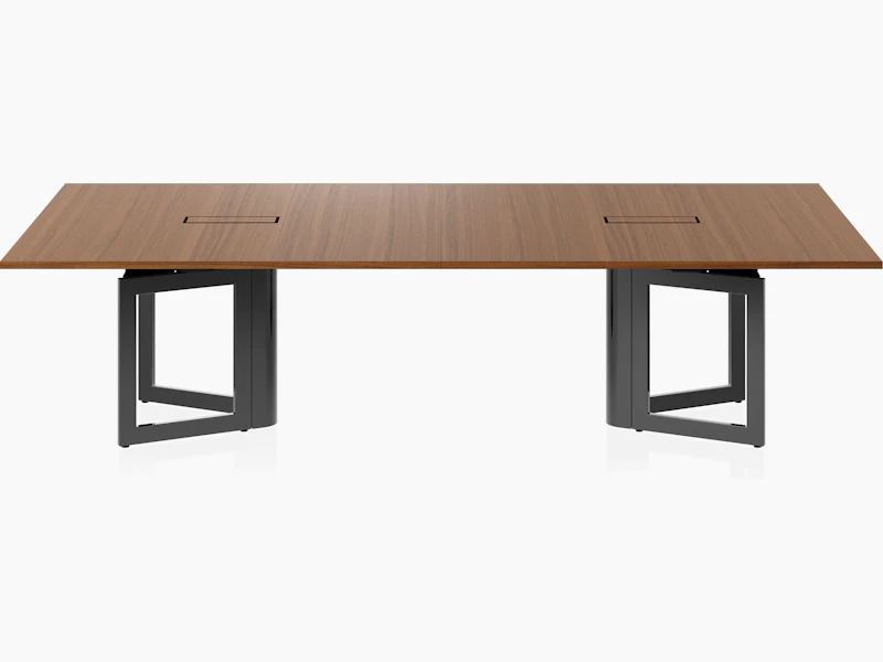 Highline Vector Conference Table in Natural Quarter Cut Walnut with a Jet Black base viewed from the front.