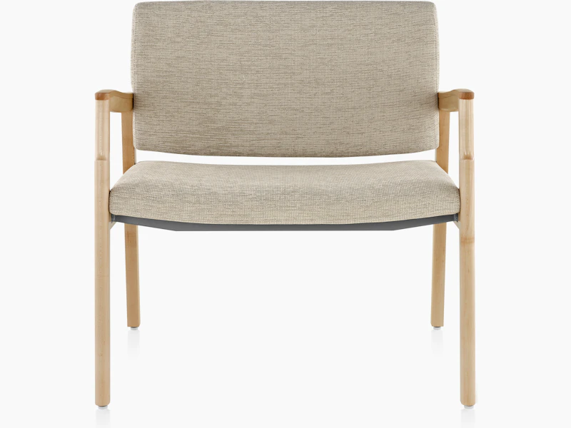 A Monarch Plus Chair in tan textile with solid hardwood frame and wood arm caps.