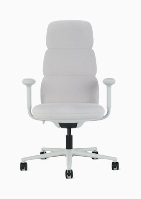 Front view of a high-back Asari chair by Herman Miller in light grey with height adjustable arms.