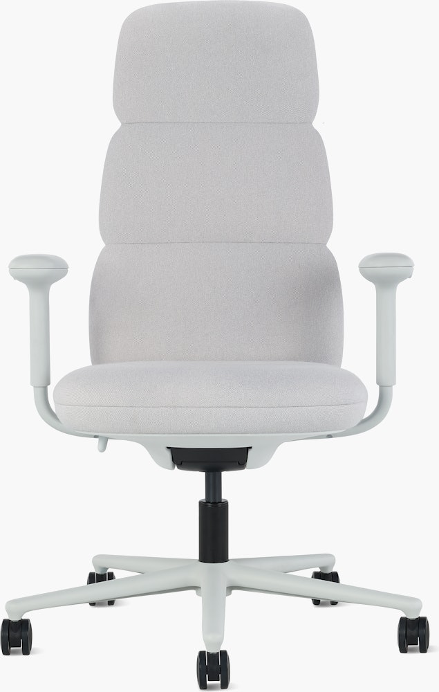 Front view of a high-back Asari chair by Herman Miller in light grey with height adjustable arms.