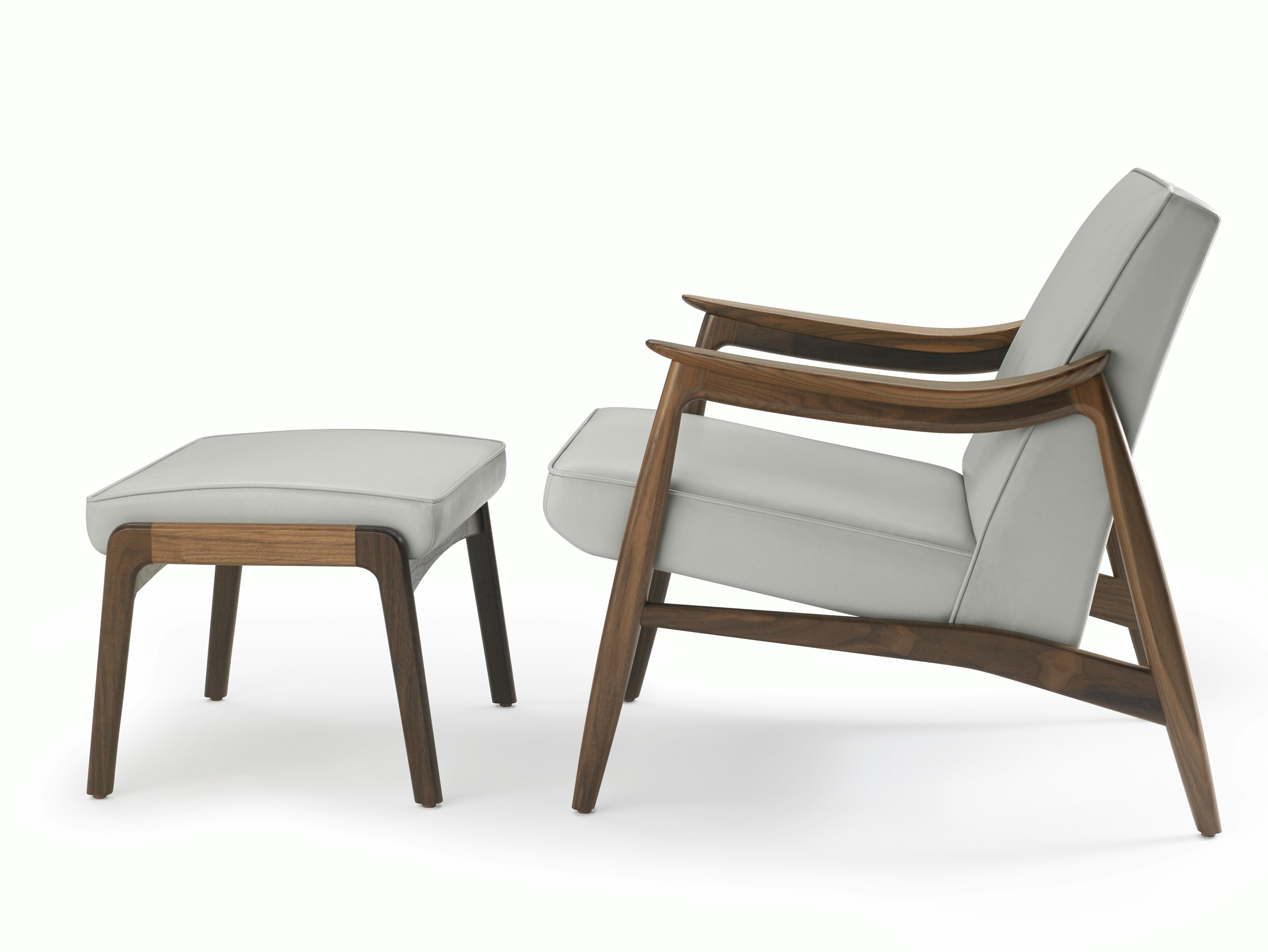 An Aspen Lounge Chair and Ottoman in a gray textile with walnut base and arms.
