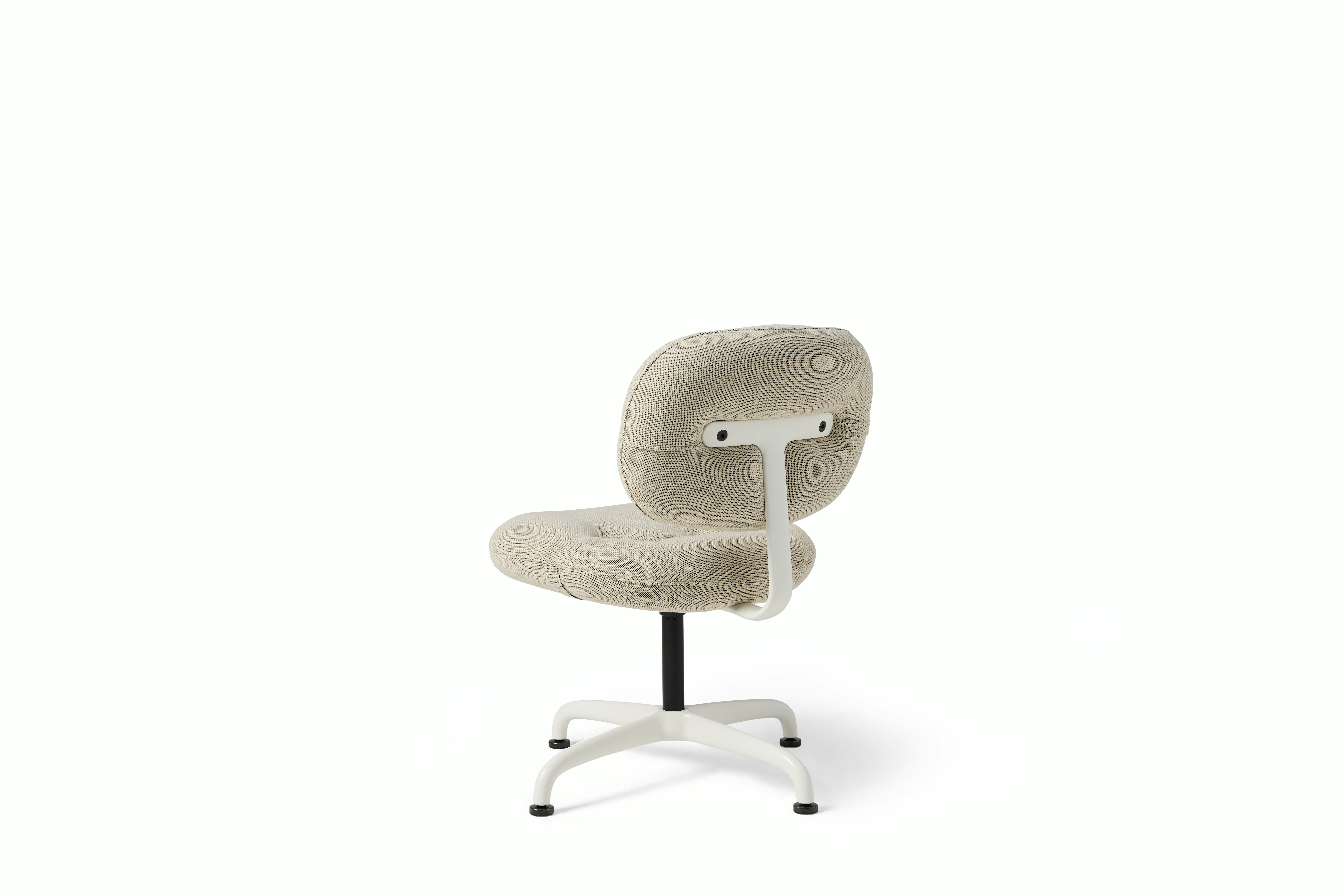 Rear angle view of a Morrison Hannah side chair with a white base without arms and light brown upholstery.