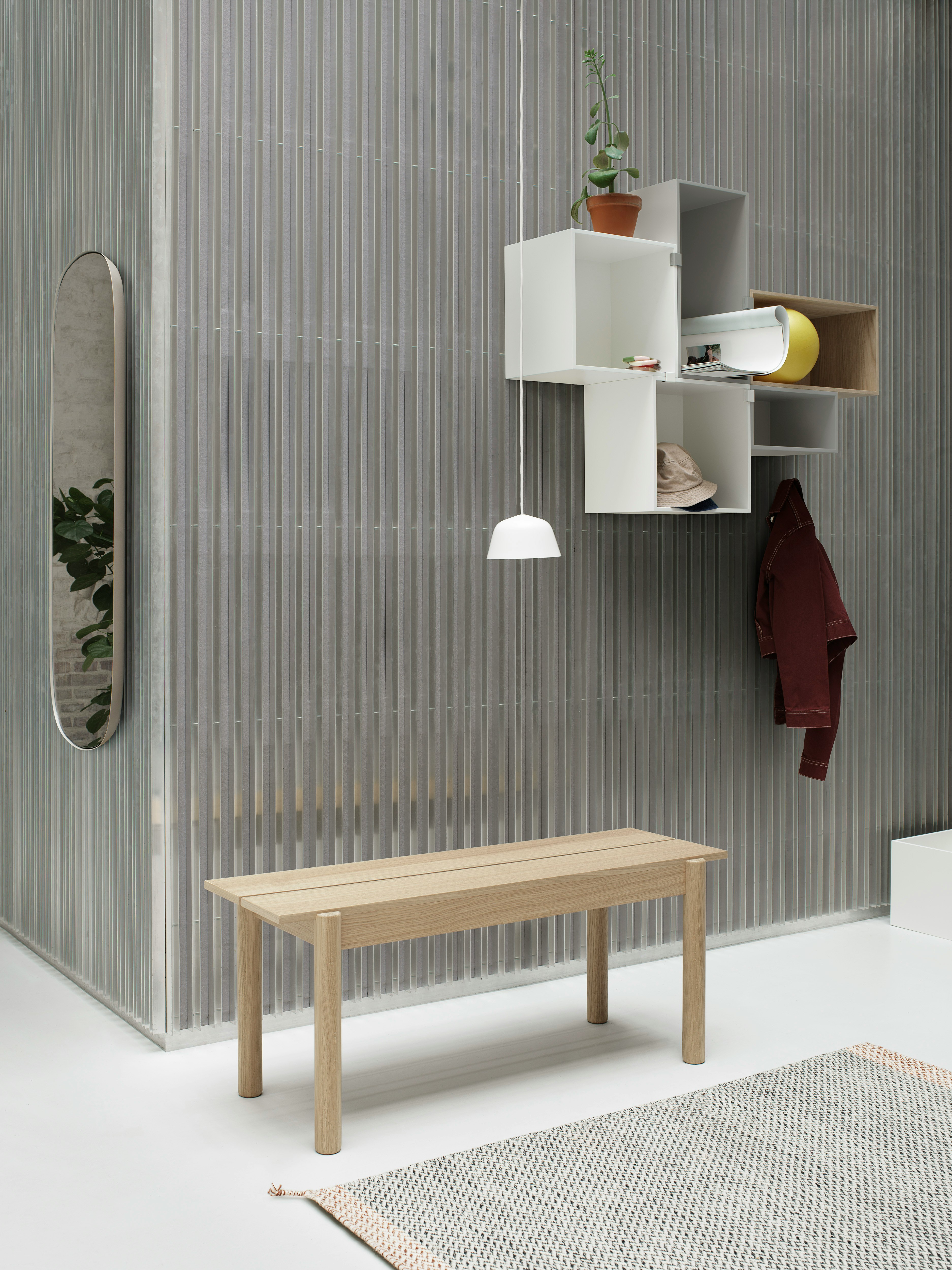 Linear Wood Bench 110 x 34 cm / 43.3 x 13.4, Ambit Pendant Lamp 16,5, Mini Stacked Storage System, Framed Mirror Large Grey, Ply Rug 85 x 140 cm Black/White