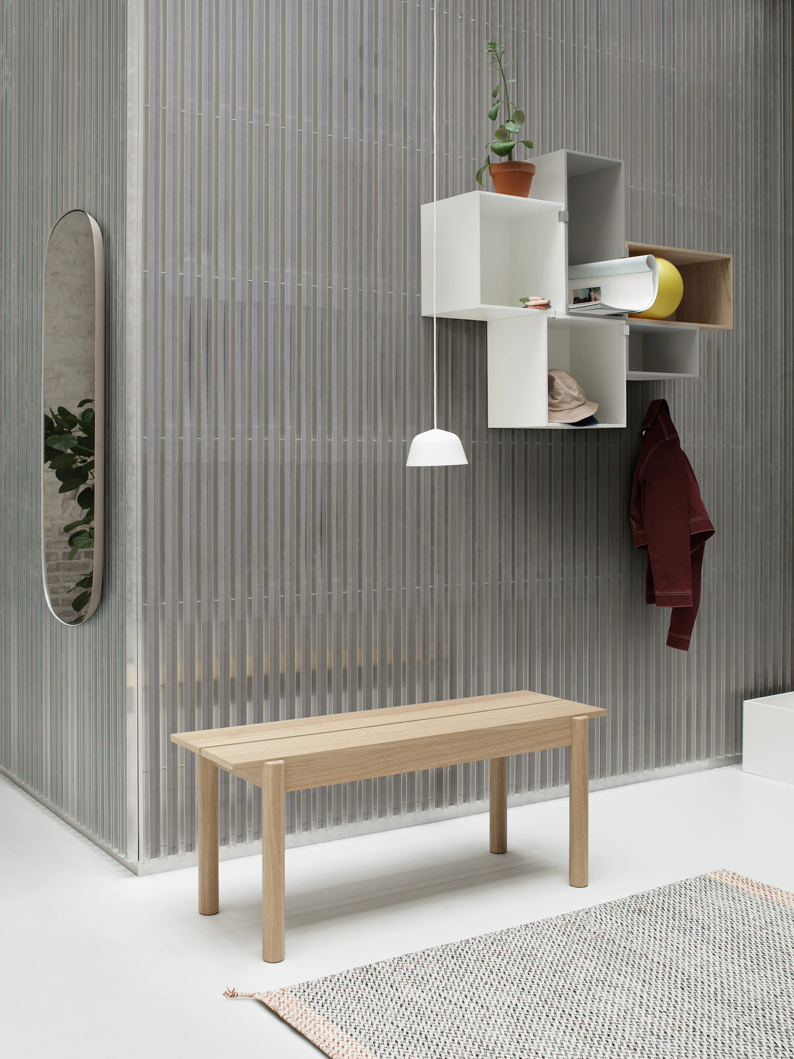 Linear Wood Bench 110 x 34 cm / 43.3 x 13.4, Ambit Pendant Lamp 16,5, Mini Stacked Storage System, Framed Mirror Large Grey, Ply Rug 85 x 140 cm Black/White