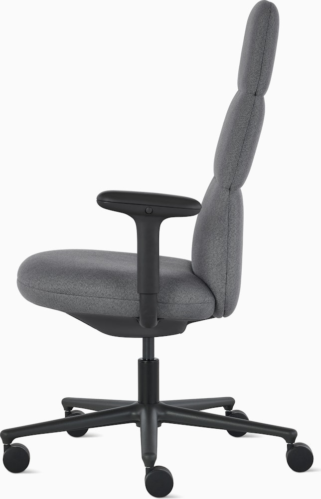 Side view of a high-back Asari chair by Herman Miller in dark grey with height adjustable arms.