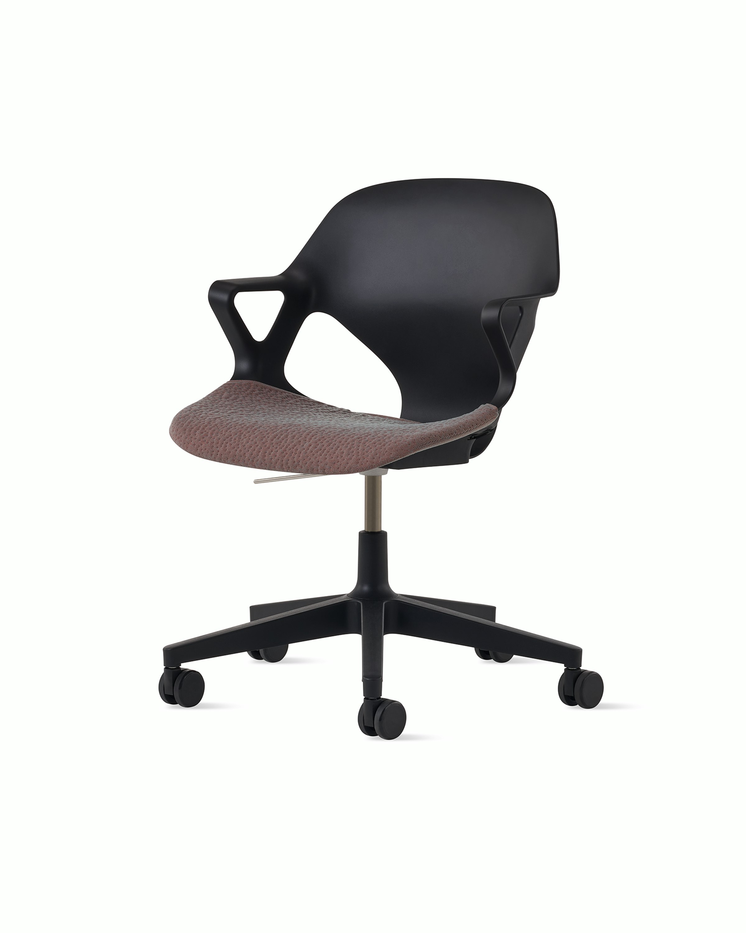 Front angle view of a black Zeph chair with fixed arms and a brown seat pad.