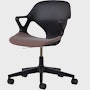 Front angle view of a black Zeph chair with fixed arms and a brown seat pad.