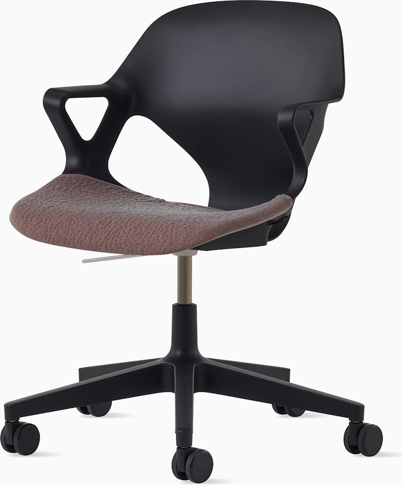 Front angle view of a black Zeph chair with fixed arms and a brown seat pad.