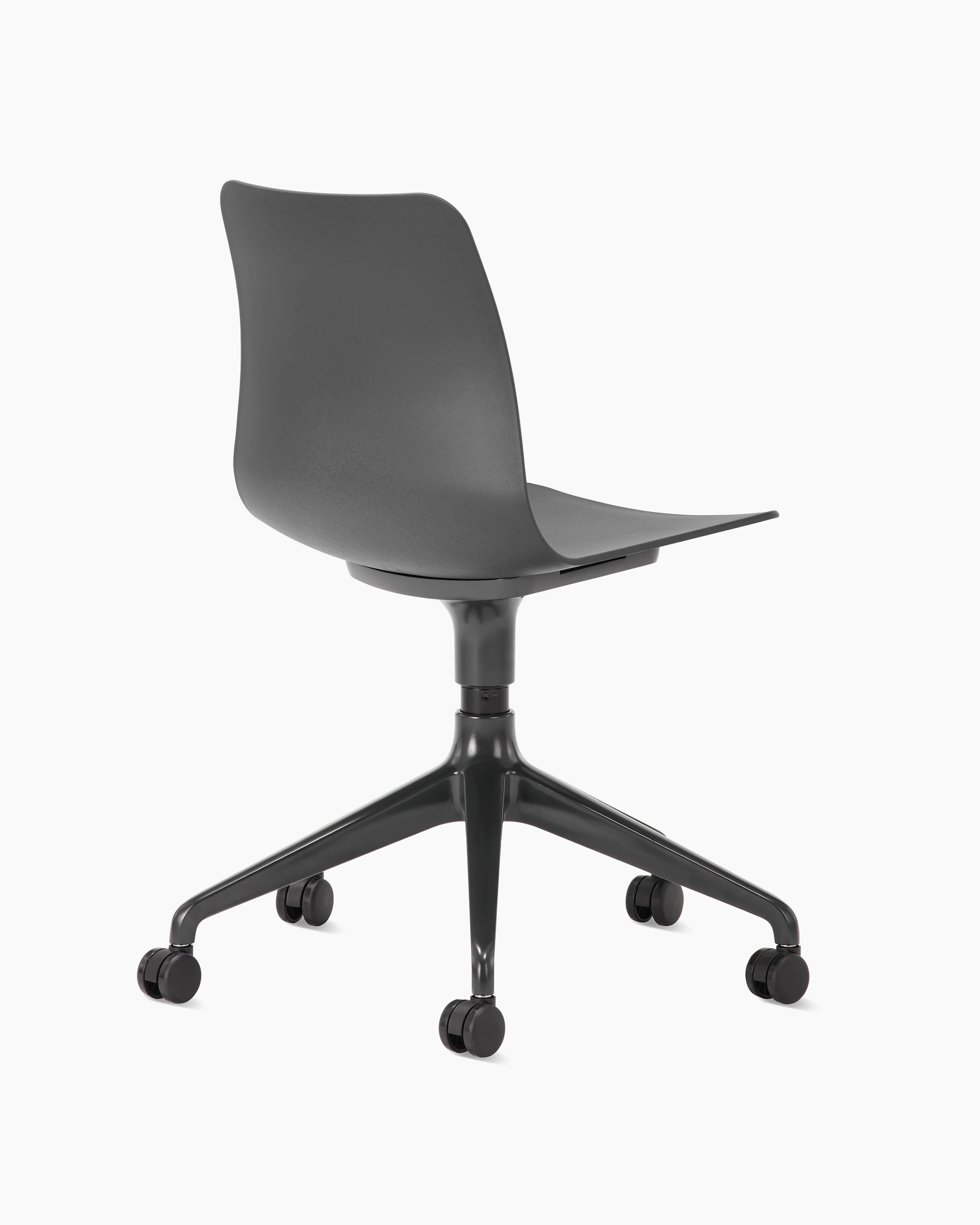 Whitesweep shot of a black grey Polly chair on a black 5 star base.