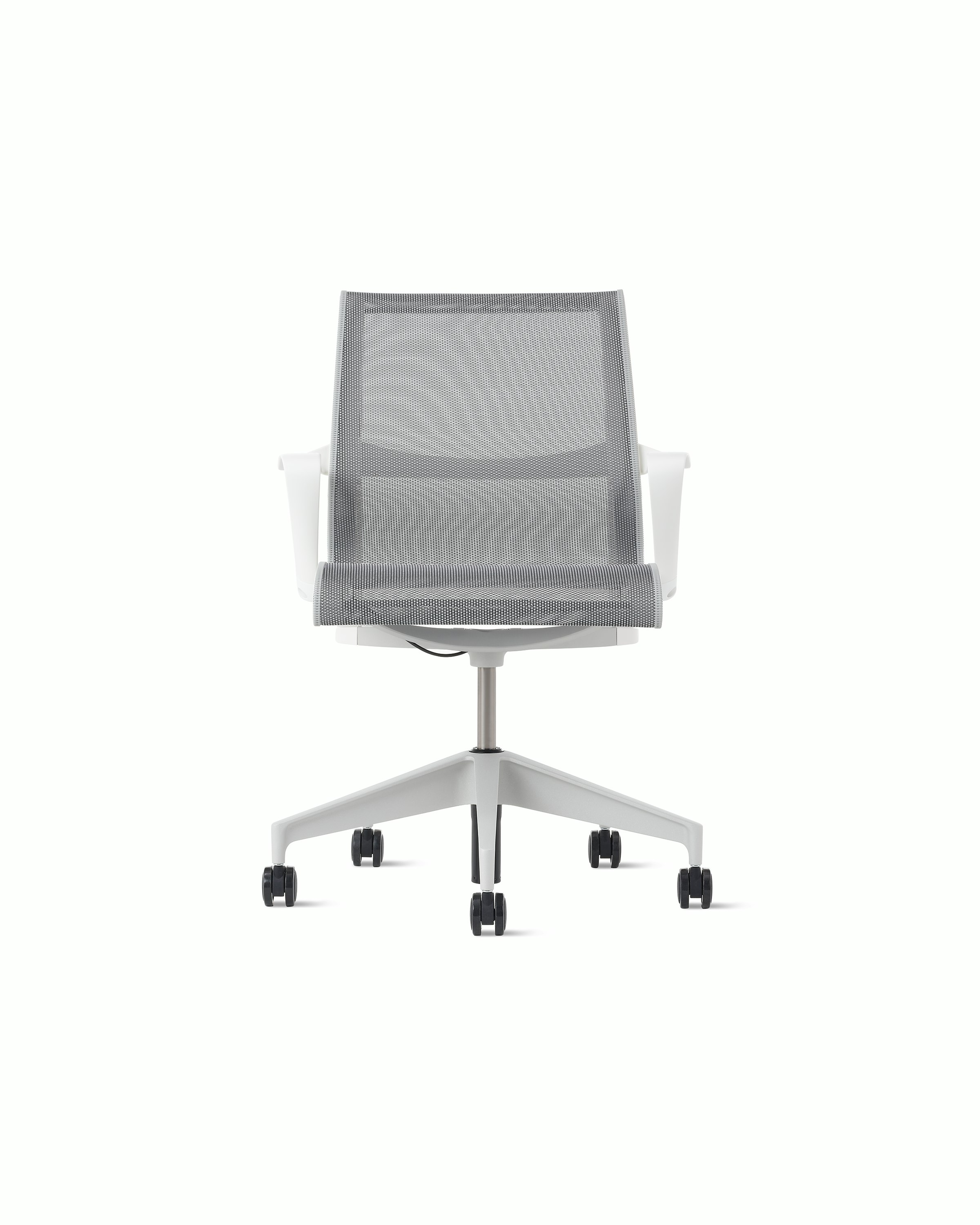 Front view of a Setu chair  with grey suspension, white arms and silver base.
