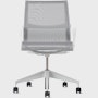 Front view of a Setu chair  with grey suspension, white arms and silver base.