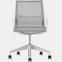 Front view of a Setu chair  with grey suspension, white arms and silver base.