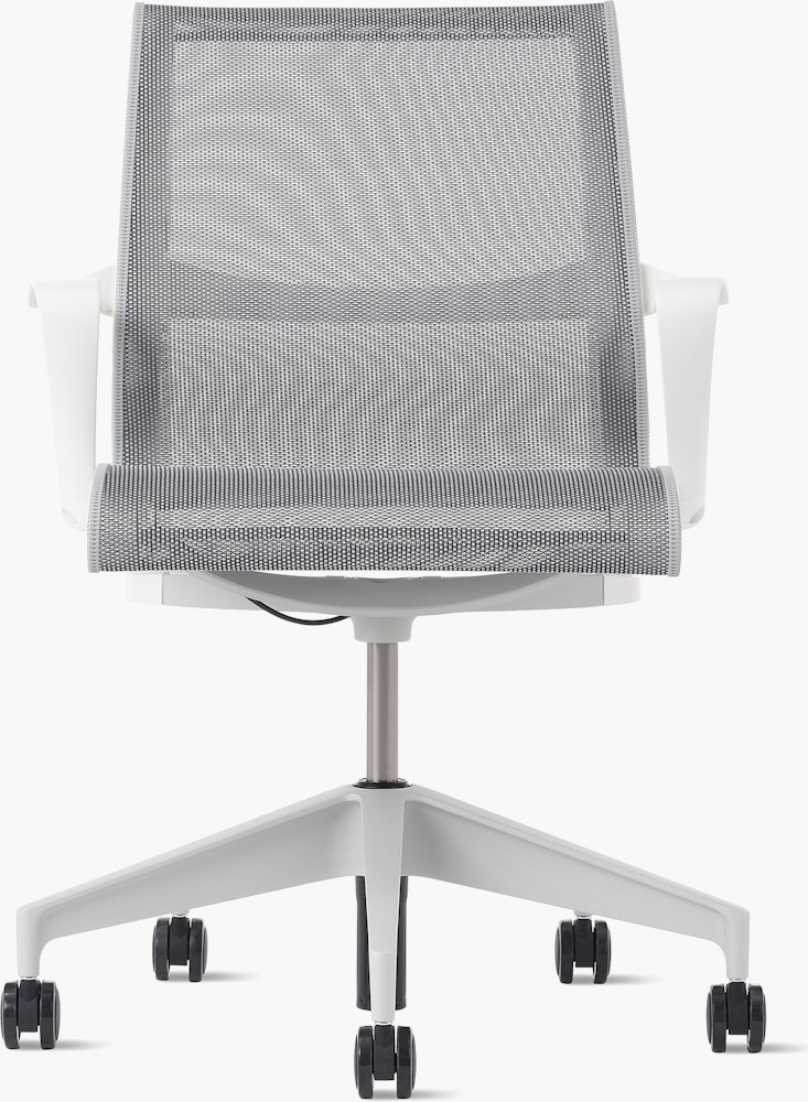 Front view of a Setu chair  with grey suspension, white arms and silver base.