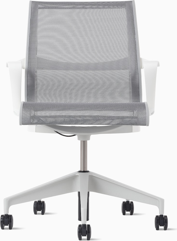 Front view of a Setu chair  with grey suspension, white arms and silver base.
