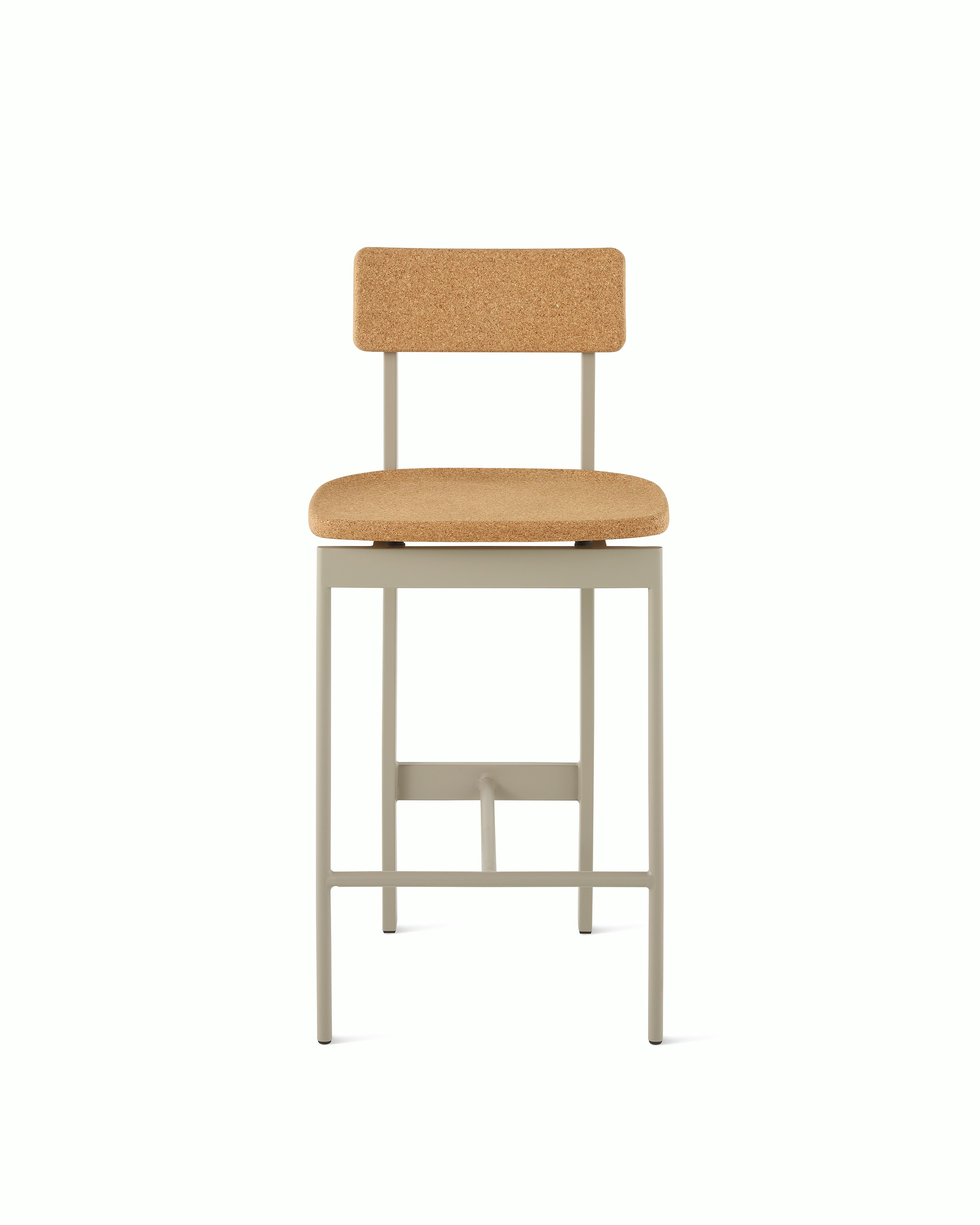 A counter height Betwixt Stool with cork seat and backrest, with a grey frame.