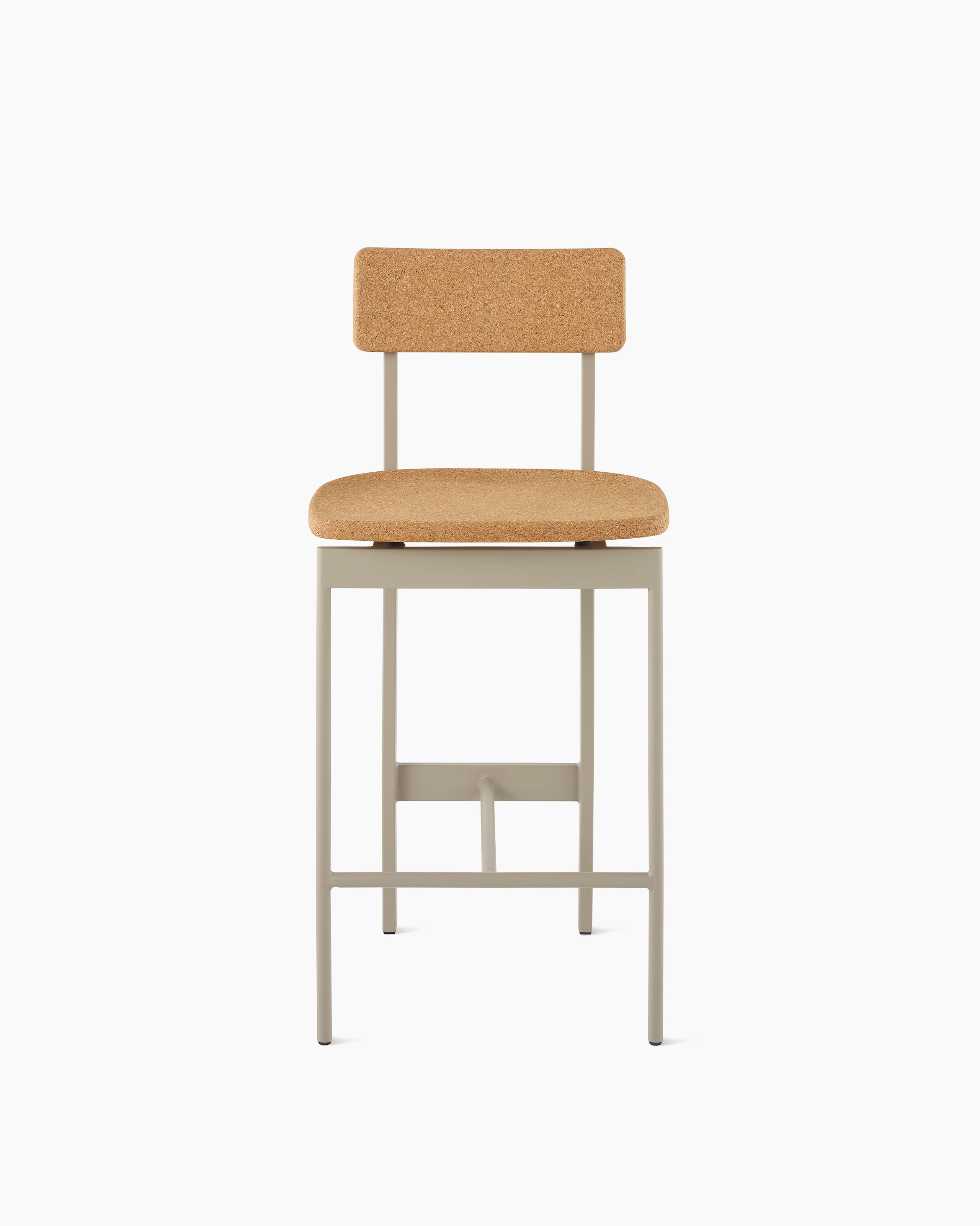 A counter height Betwixt Stool with cork seat and backrest, with a grey frame.