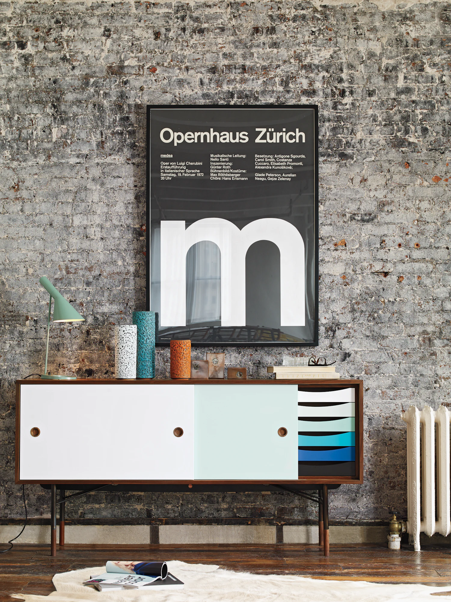 Walnut credenza with two doors and multi-color drawer panel