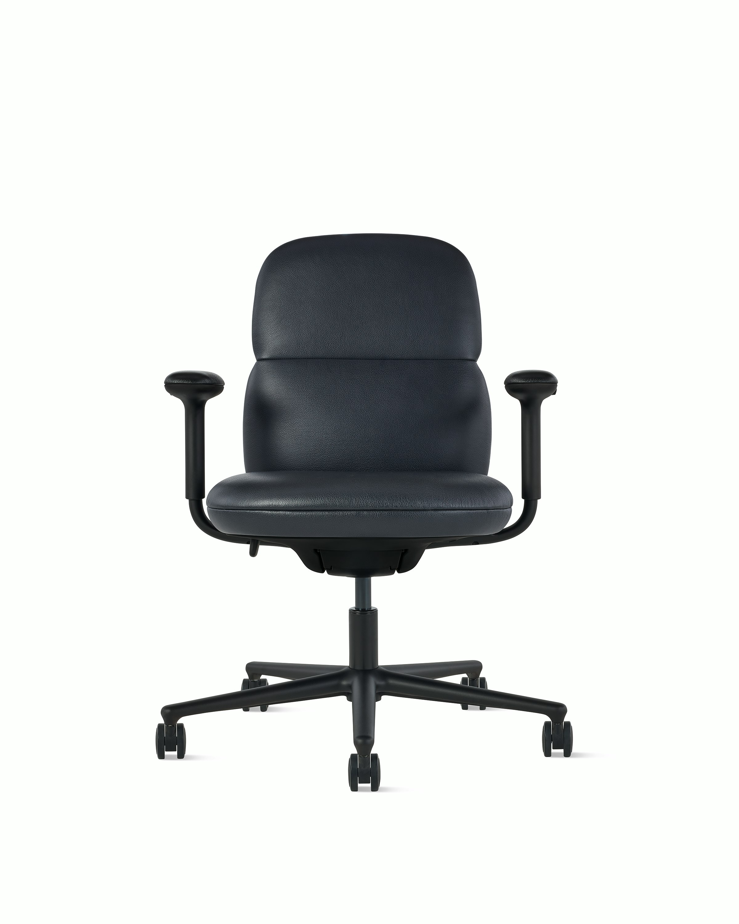 Front view of a mid-back Asari chair by Herman Miller in black leather with height adjustable arms.