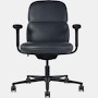 Front view of a mid-back Asari chair by Herman Miller in black leather with height adjustable arms.
