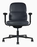Front view of a mid-back Asari chair by Herman Miller in black leather with height adjustable arms.