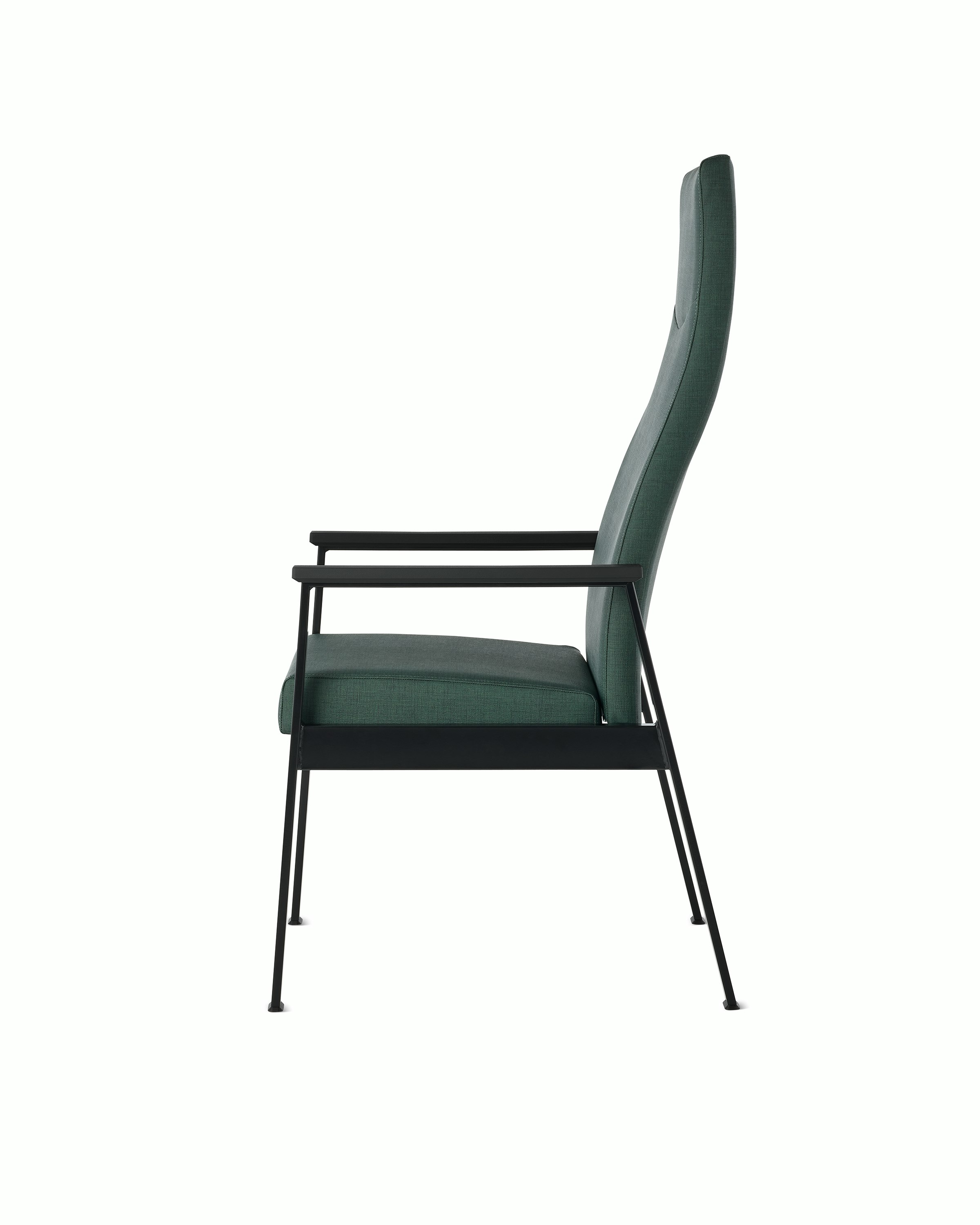 Side view of an Easton Patient Chair with green upholstery, black four leg base and black arm caps.