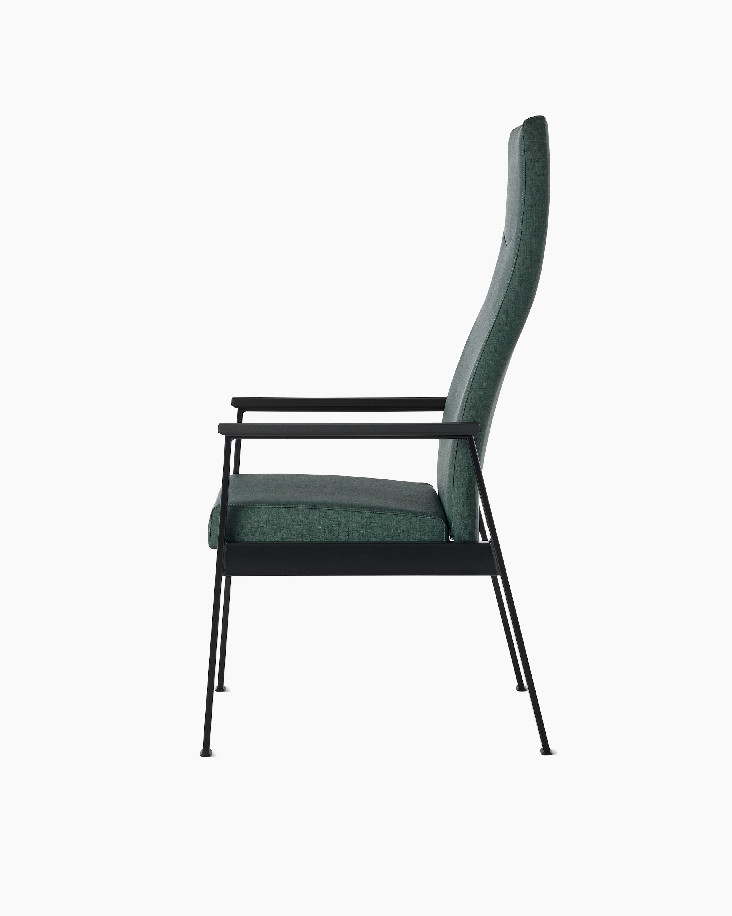 Side view of an Easton Patient Chair with green upholstery, black four leg base and black arm caps.