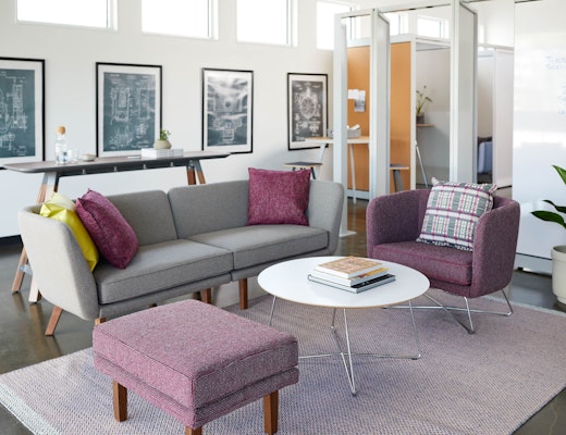 Rockwell Unscripted Lounge Space rockwell unscripted creative wall perforated steel pivot fins semi enclosed rooms team meeting lounge tall table drink modular lounge sofa club chair wire base occasional table coffee table petite square ottoman wood legs markerboard muuto ply rug