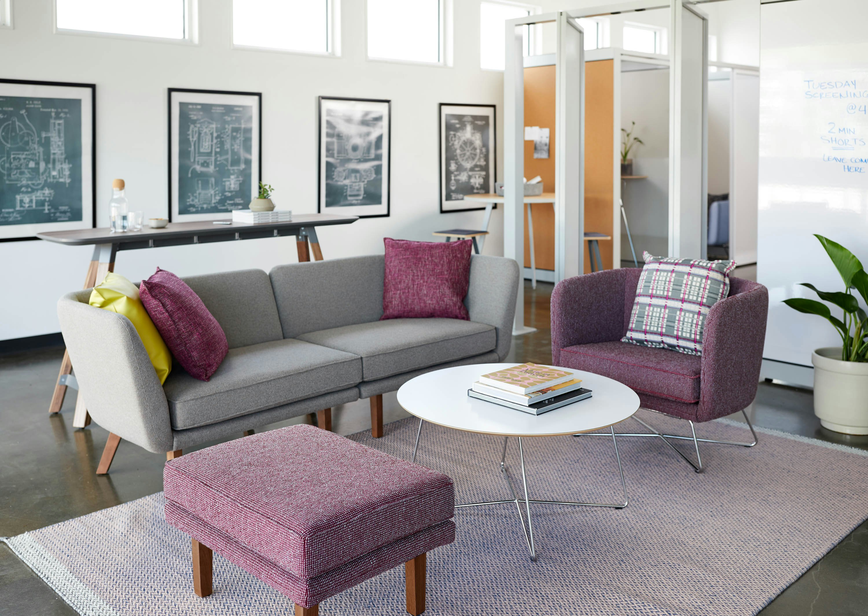 rockwell unscripted creative wall perforated steel pivot fins semi enclosed rooms team meeting lounge tall table drink modular lounge sofa club chair wire base occasional table coffee table petite square ottoman wood legs markerboard muuto ply rug