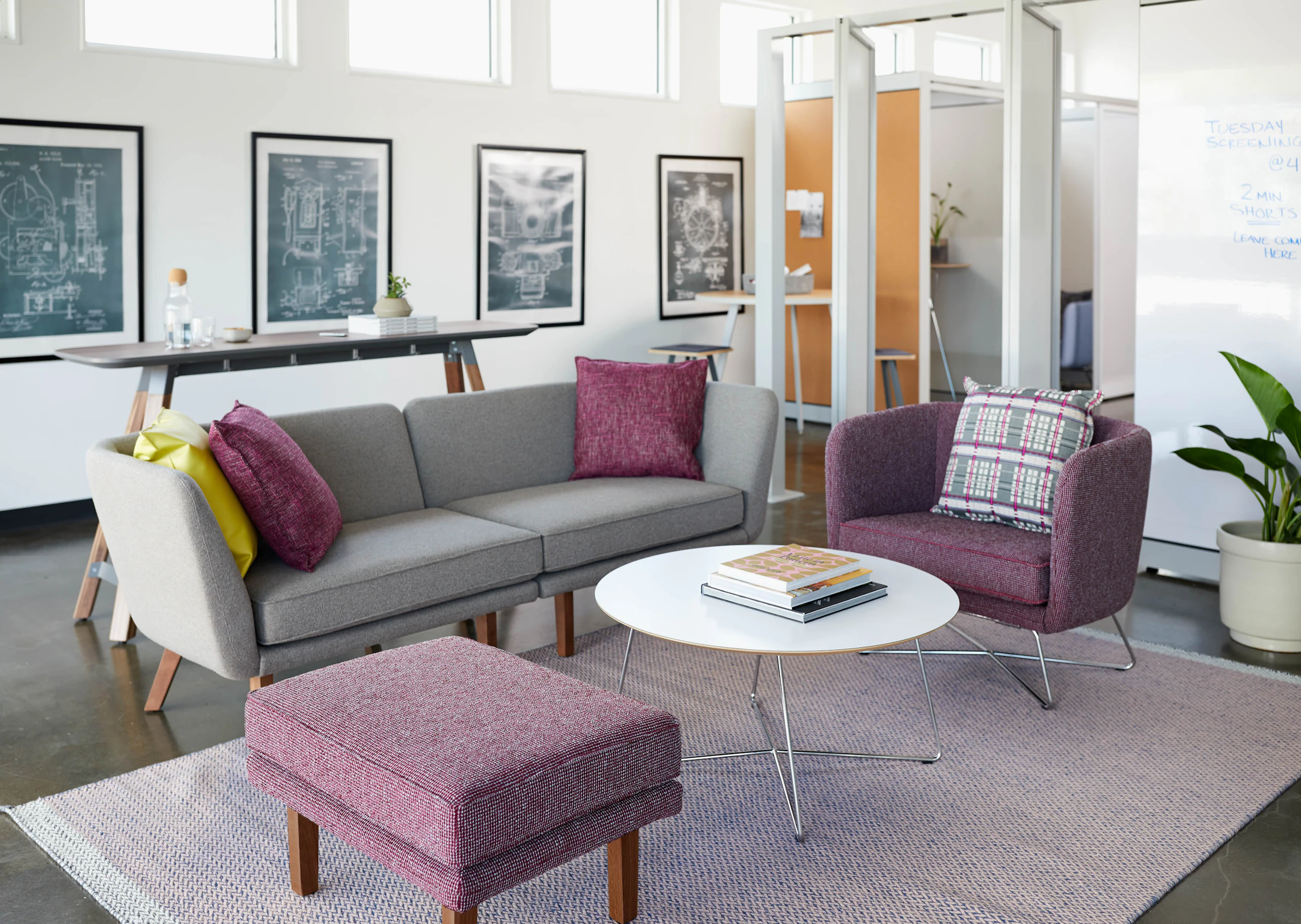 rockwell unscripted creative wall perforated steel pivot fins semi enclosed rooms team meeting lounge tall table drink modular lounge sofa club chair wire base occasional table coffee table petite square ottoman wood legs markerboard muuto ply rug