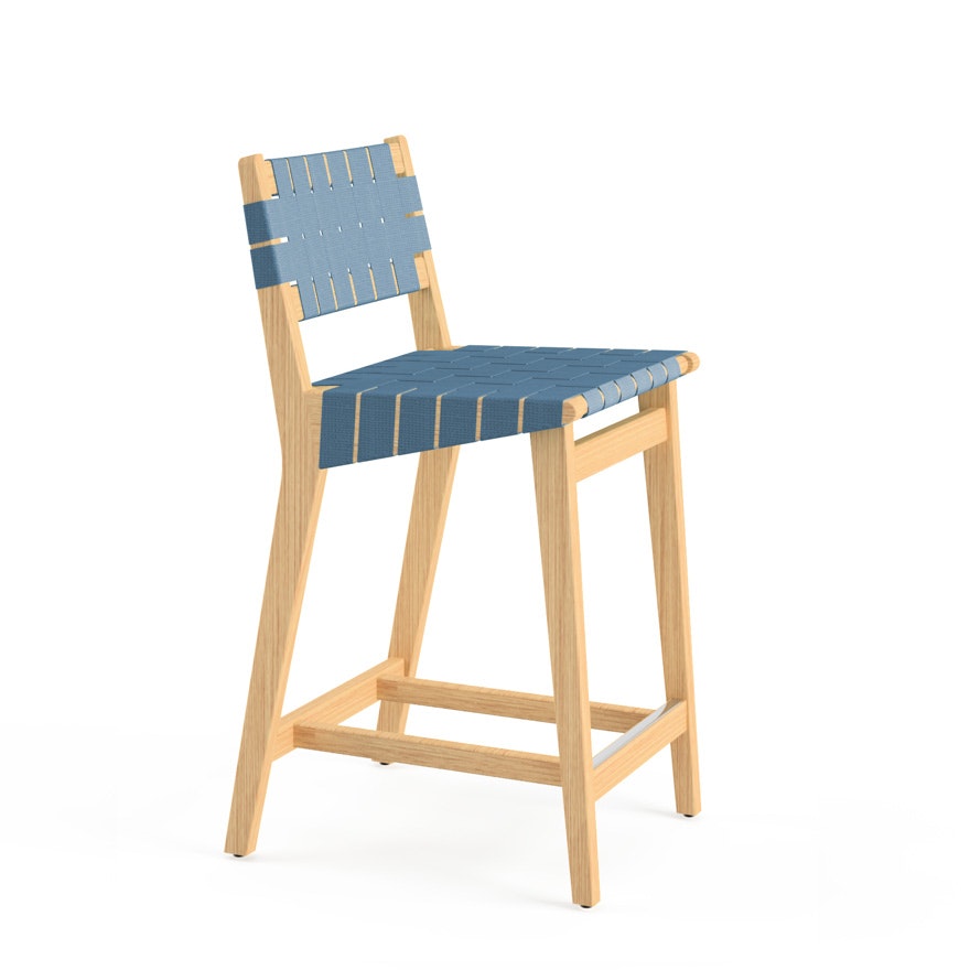 Risom Stool - Counter Height, Maple, Polished Aluminum, Steel Blue Cotton