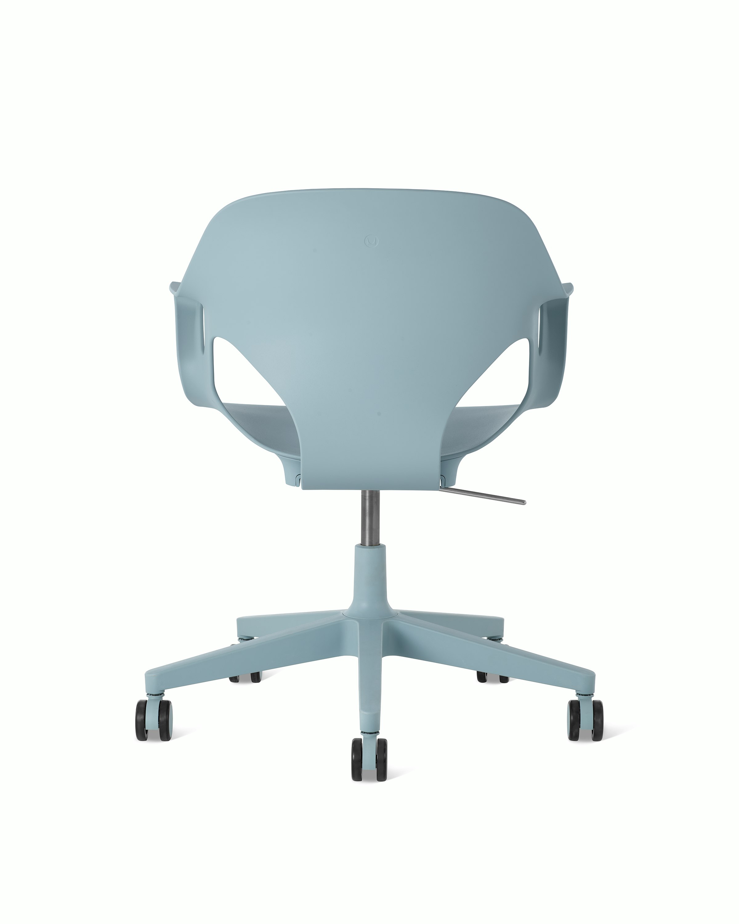 Rear view of a light blue Zeph chair with fixed arms.