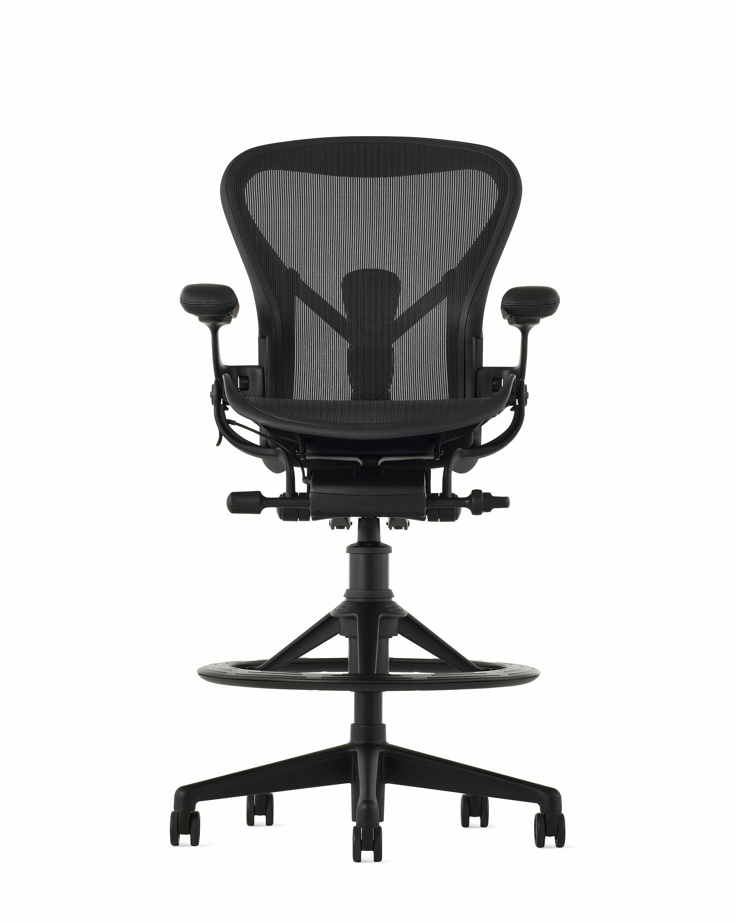 Black matte Aeron Stool on a white background, with a 5-star base and ergonomic back support, viewed from the front.