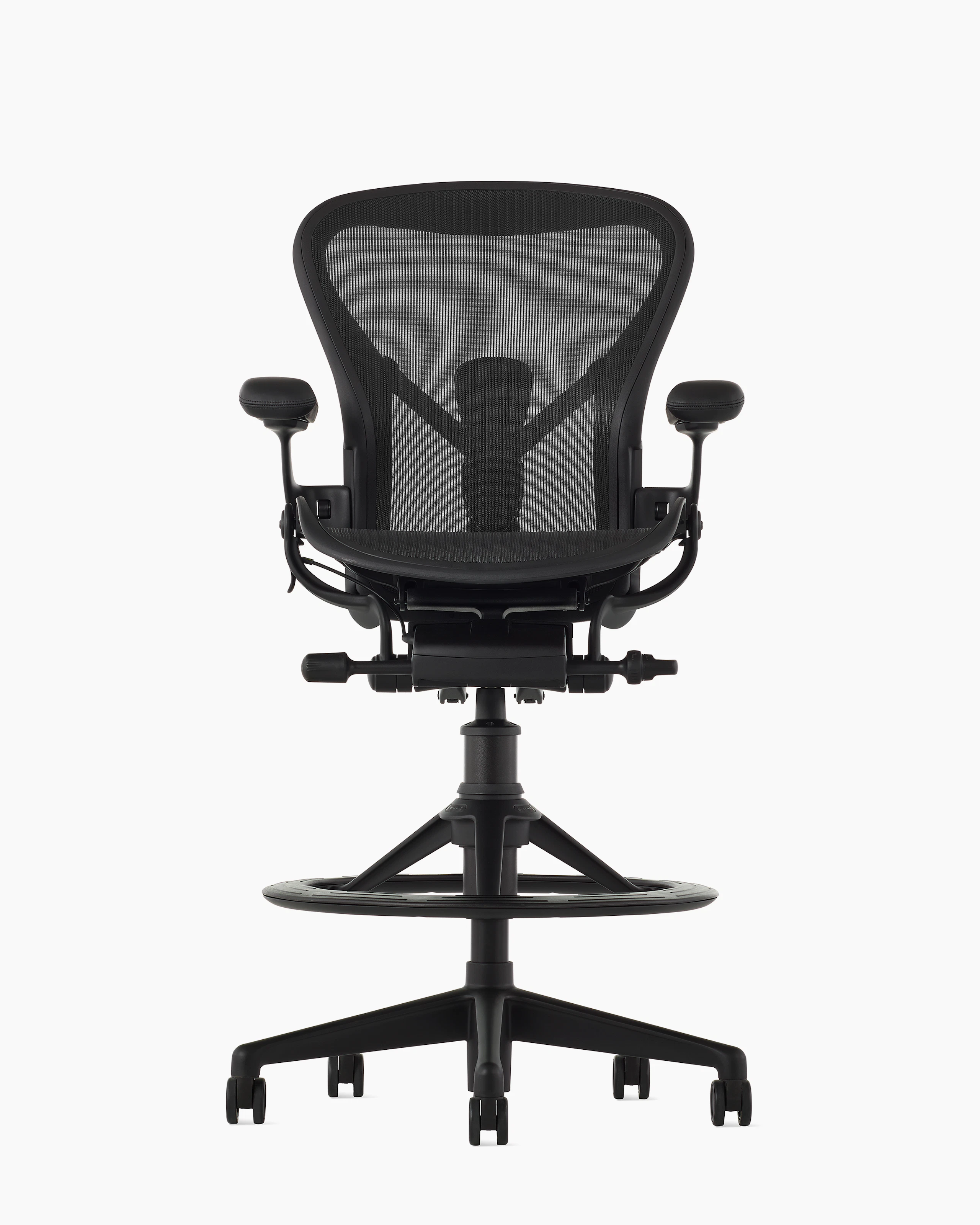 Black matte Aeron Stool on a white background, with a 5-star base and ergonomic back support, viewed from the front.