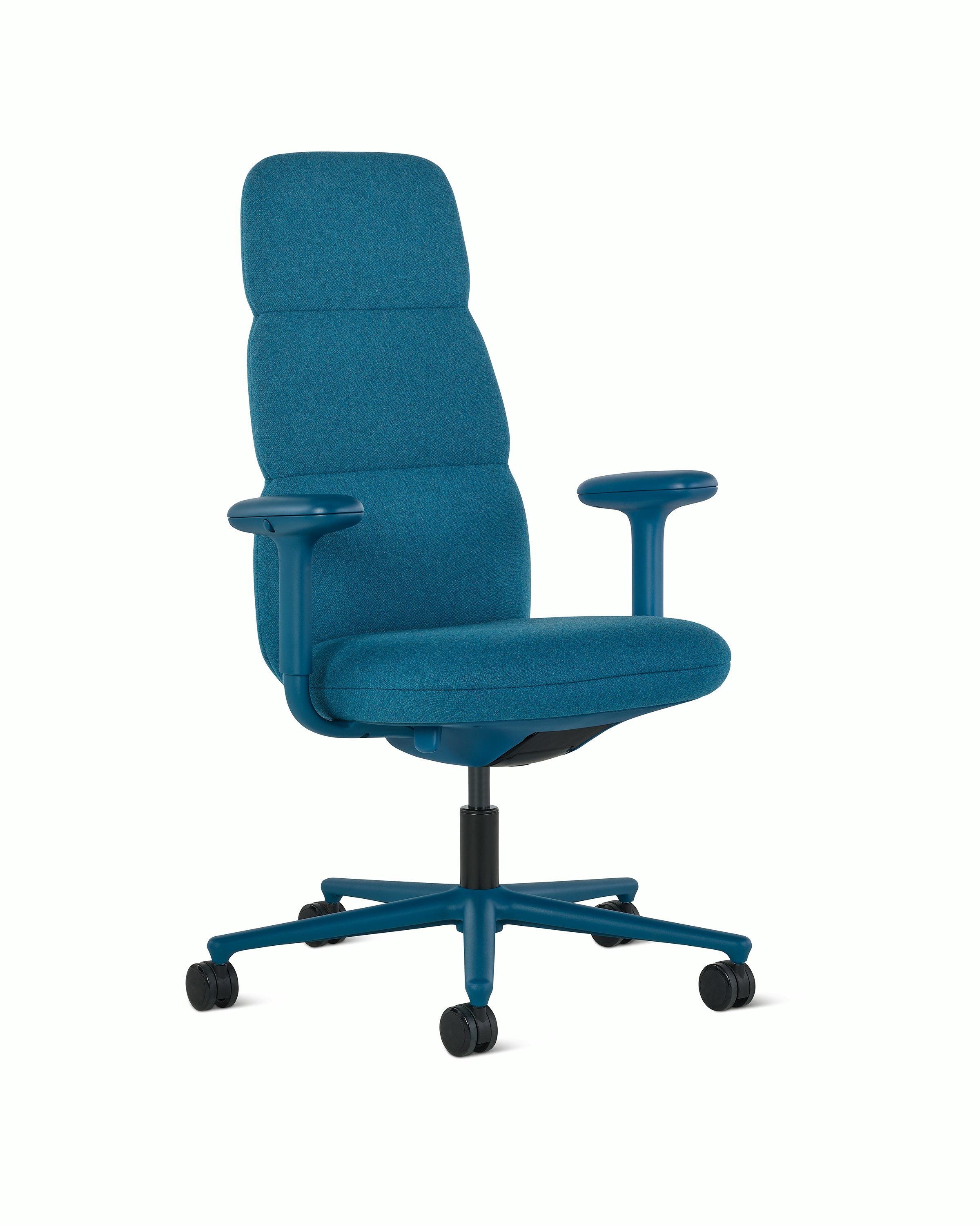 Front angle view of a high-back Asari chair by Herman Miller in teal blue with height adjustable arms.