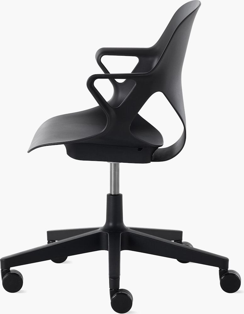 Side view of a Zeph chair with fixed arms in black.