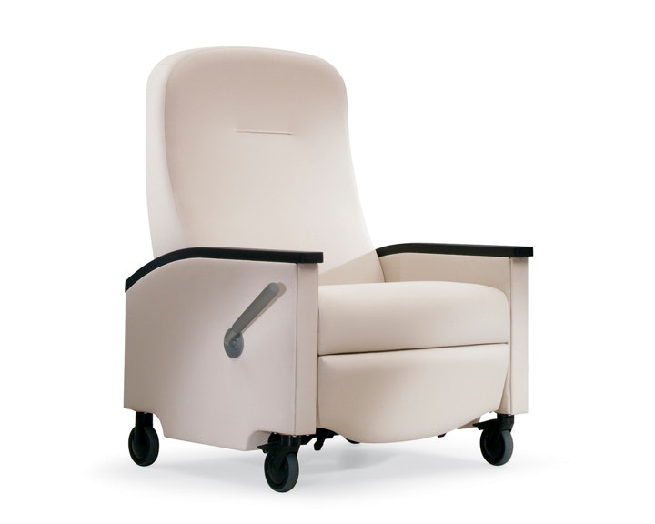 A three-quarter view of a Prísto Plus Recliner in a white upholstery with black urethane arm caps.