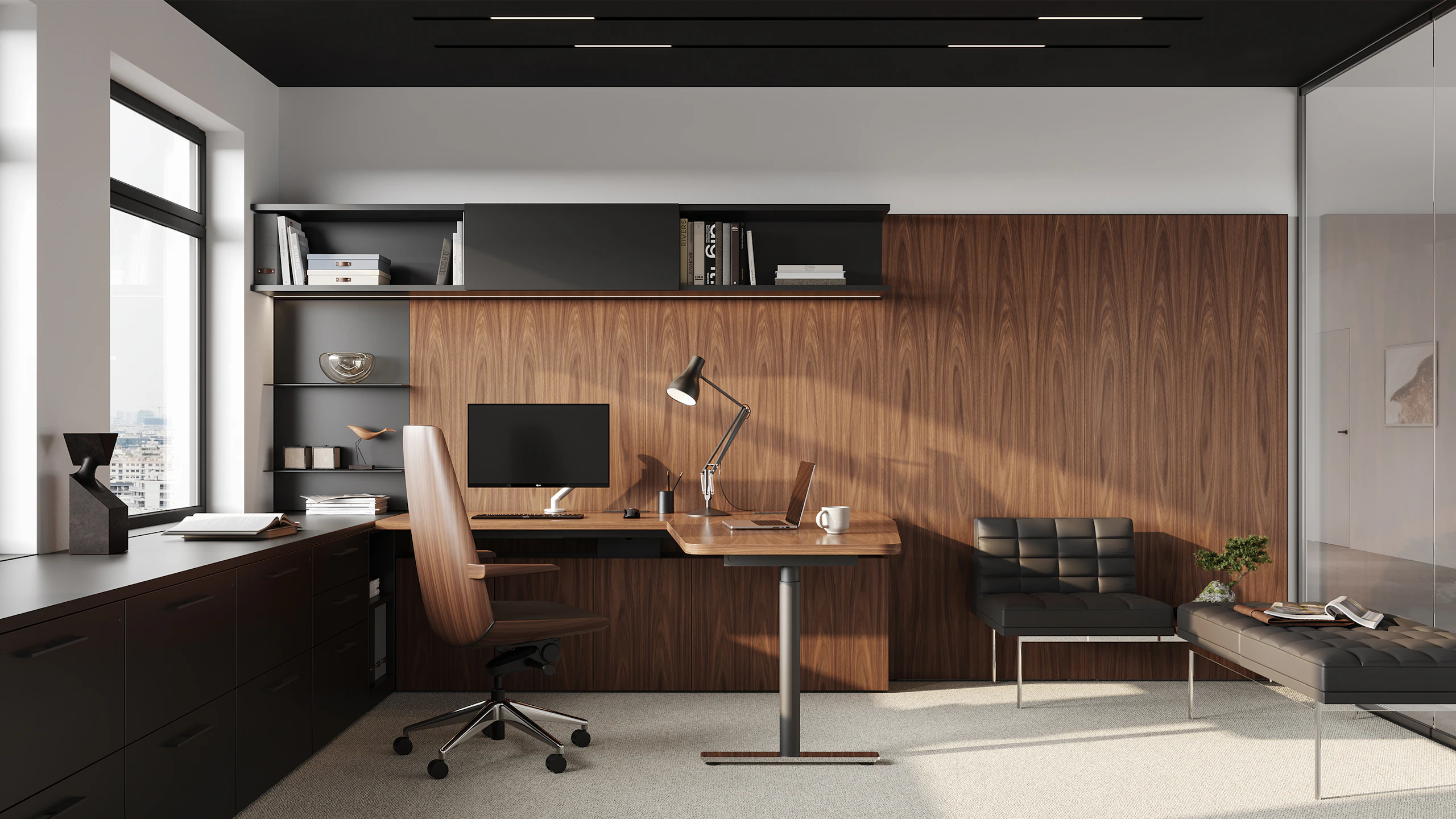 Geiger One Private Office, Rendering PO2, in Natural Walnut with Clamshell Chair and Tuxedo benching.
