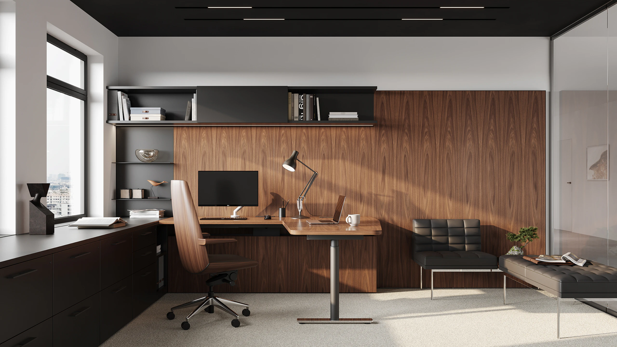 Geiger One Private Office, Rendering PO2, in Natural Walnut with Clamshell Chair and Tuxedo benching.