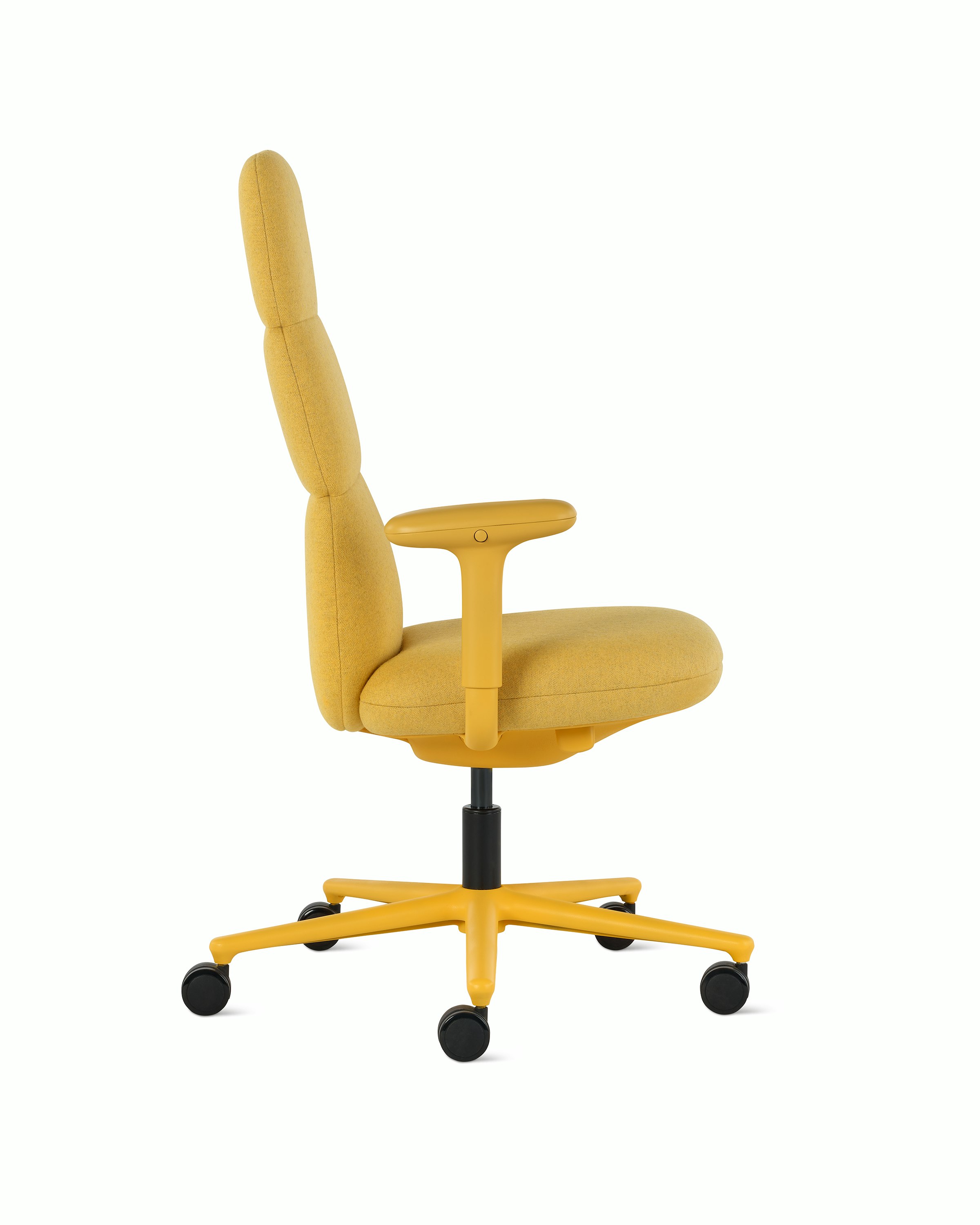 Side view of a high-back Asari chair by Herman Miller in yellow with height adjustable arms.