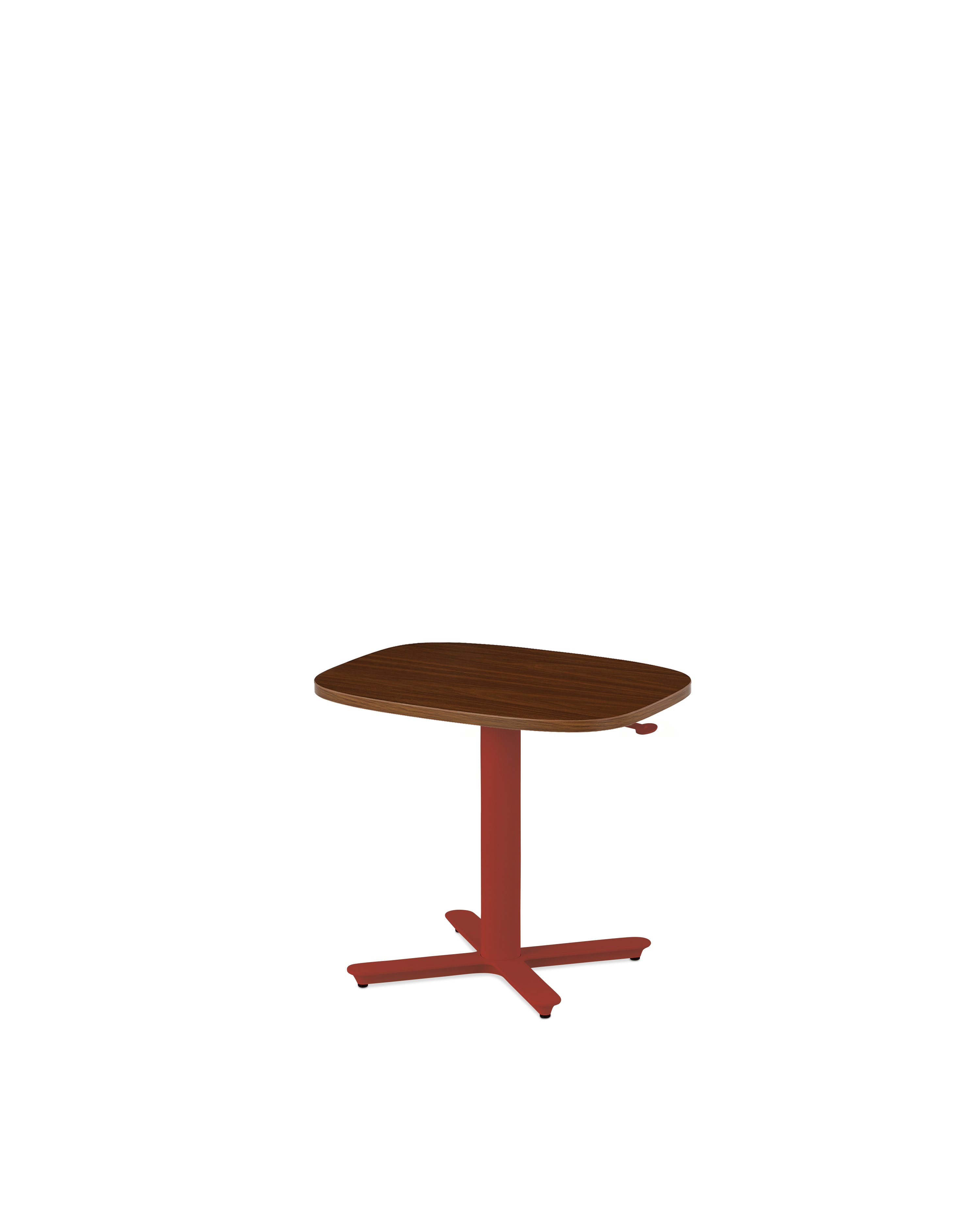 Small Passport Work table with walnut top, red base and glides 