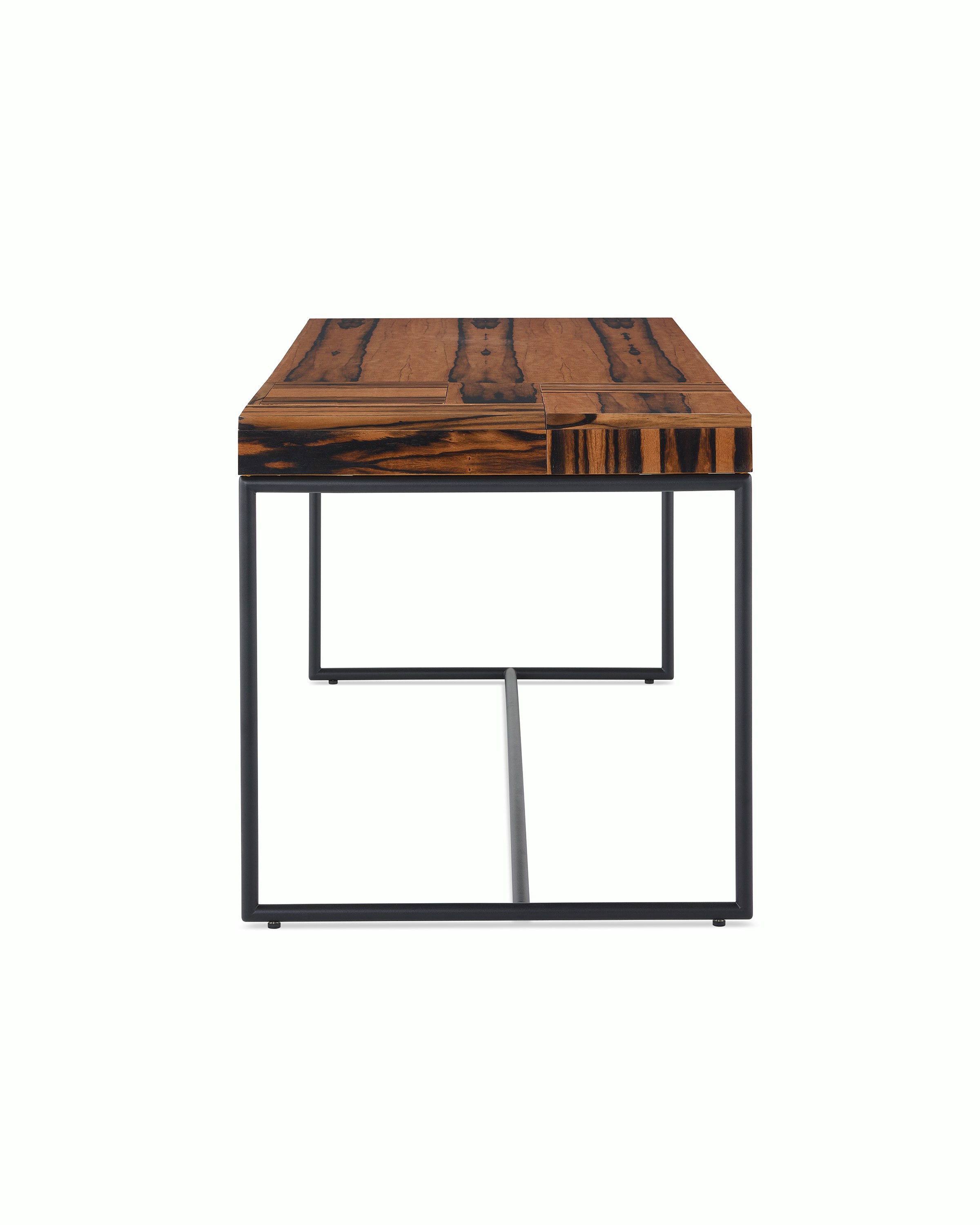 A Domino Desk with wood top and metal base.