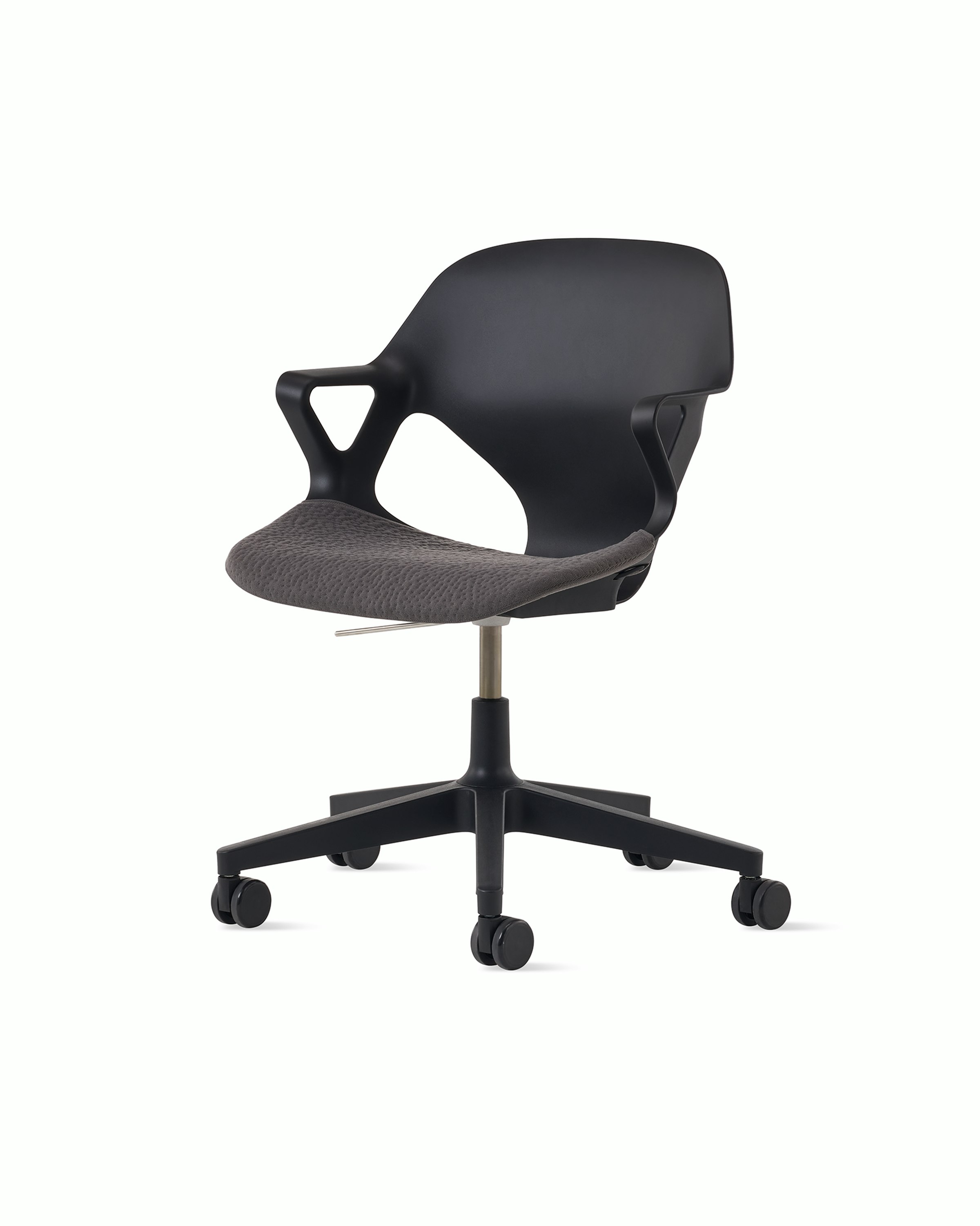 Front angle view of a black Zeph chair with fixed arms and a dark grey seat pad.