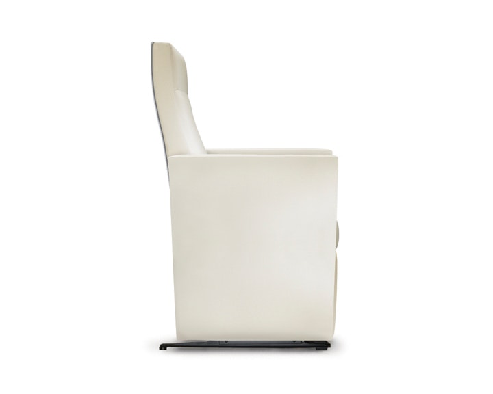 A side view of a Brava Glider with high back in white textile with fully upholstered arms.